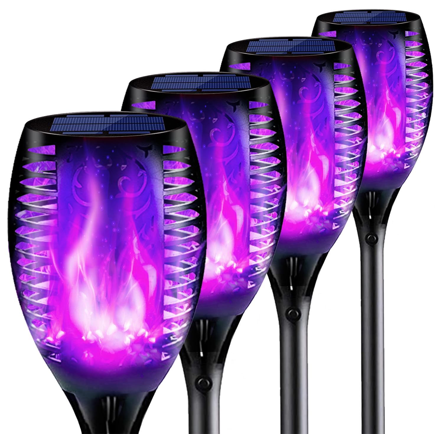 New Huing 4Pcs Halloween Purple Solar Torch Lights, 96 Led, Waterproof, 43In Dancing Flames