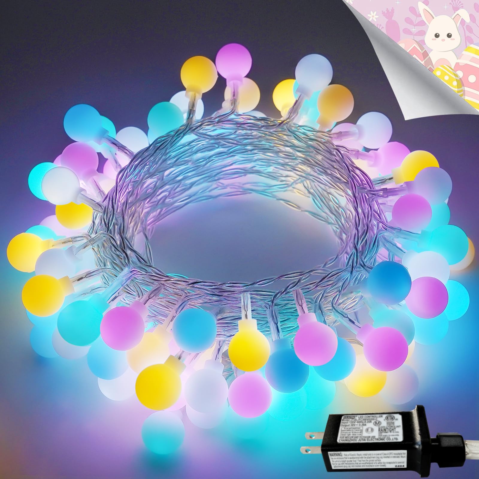 Easter String Lights Outdoor Indoor, 33ft 100LED Easter Pastel Lights with Timer, 8 Modes Plug in Multicolor Easter Globe Lights
