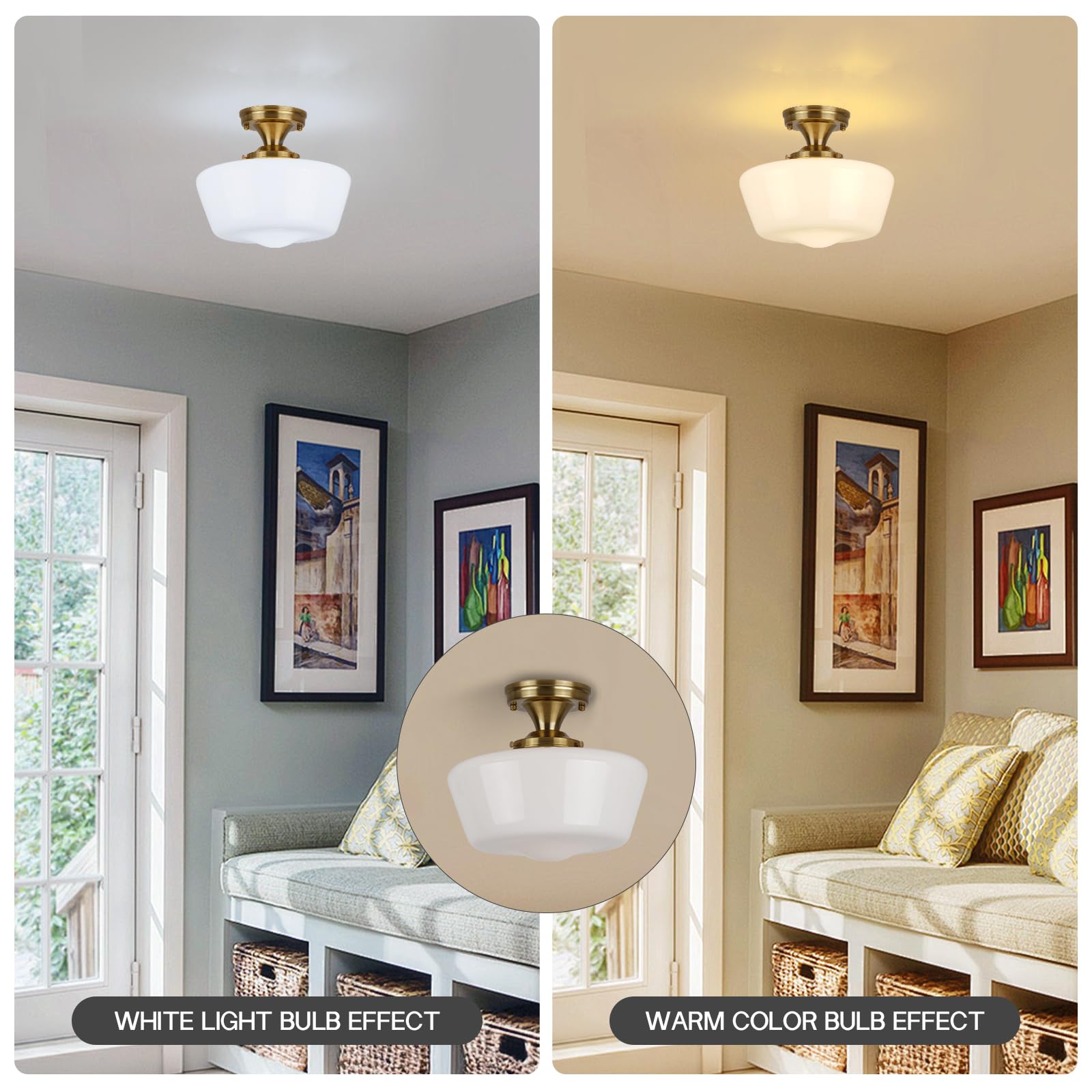 Clarsyne Gold Semi Flush Mount Ceiling Light Fixture, 12'' Wide Opal Milk Glass Shade, Vintage Schoolhouse Style Lighting For Ki