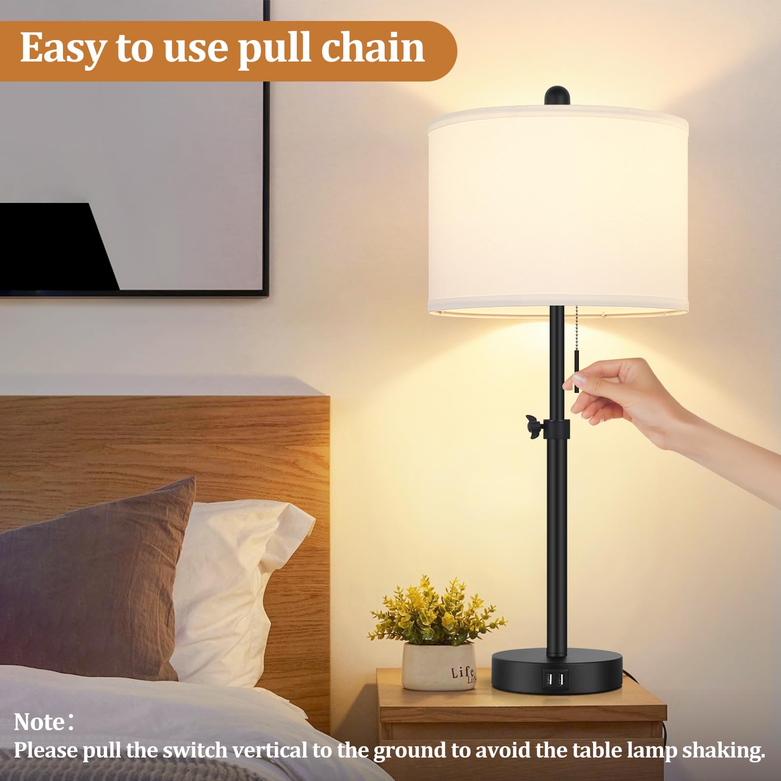 Kondras 23-30" Height Adjustable Table Lamp Set of 2, Black Metal with USB Ports, Modern Design for Bedroom & Living Room