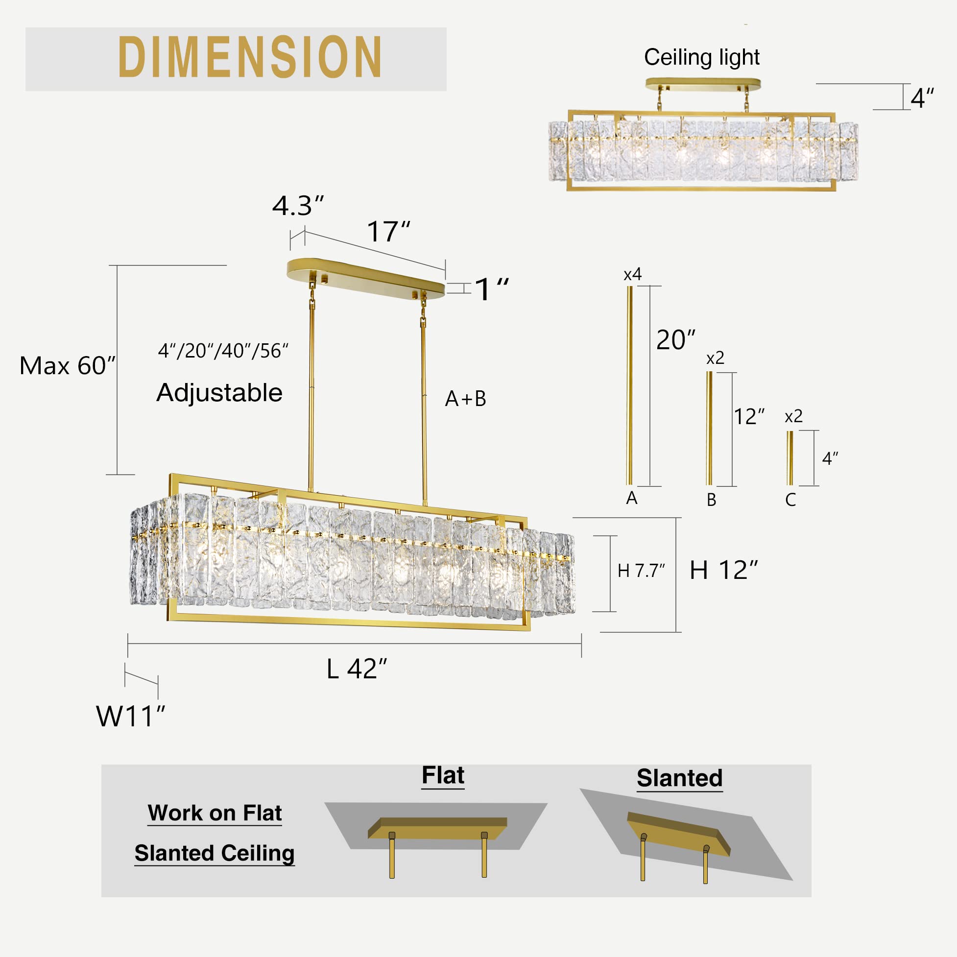 Ikk Modern Rectangle Gold Crystal Chandeliers For Dining Room, 42'' Large Rectangular Water Ripple Glass Island Light Fixture, E
