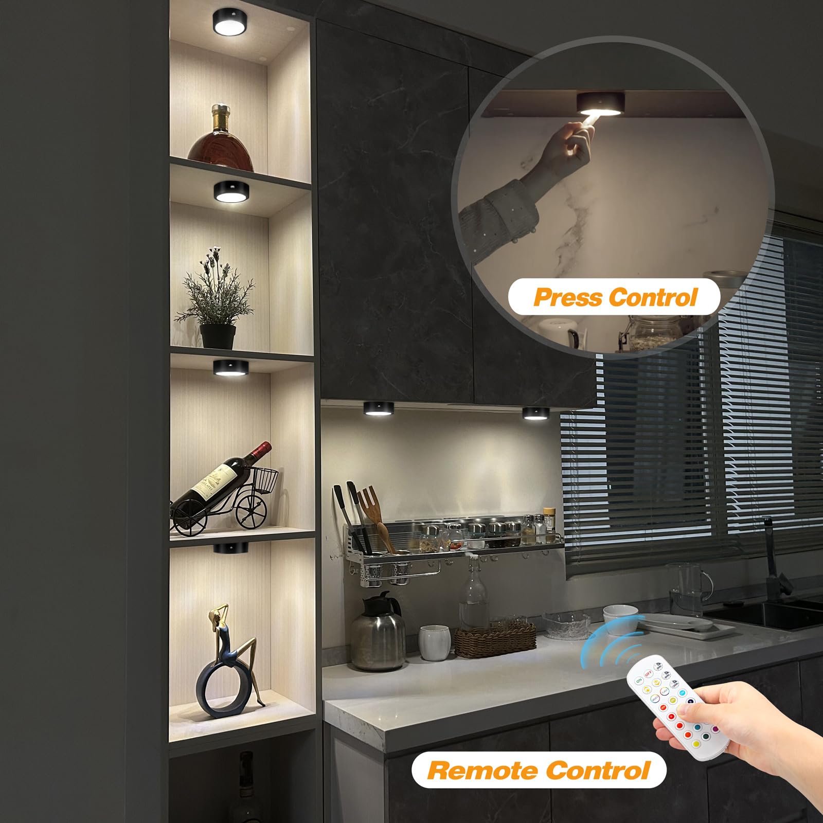 Onumii Puck Lights Battery Operated with Remote Control, Color Changing, 2 Pack Black, Ideal for Kitchen Cabinets and Closets
