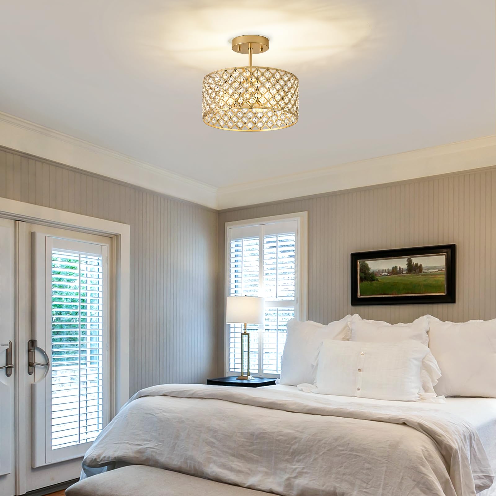 Bzvesr Gold Crystal Ceiling Light Fixture,Modern Semi Flush Mount Ceiling Lighting Fixture,Round Small Chandelier For Dining Roo