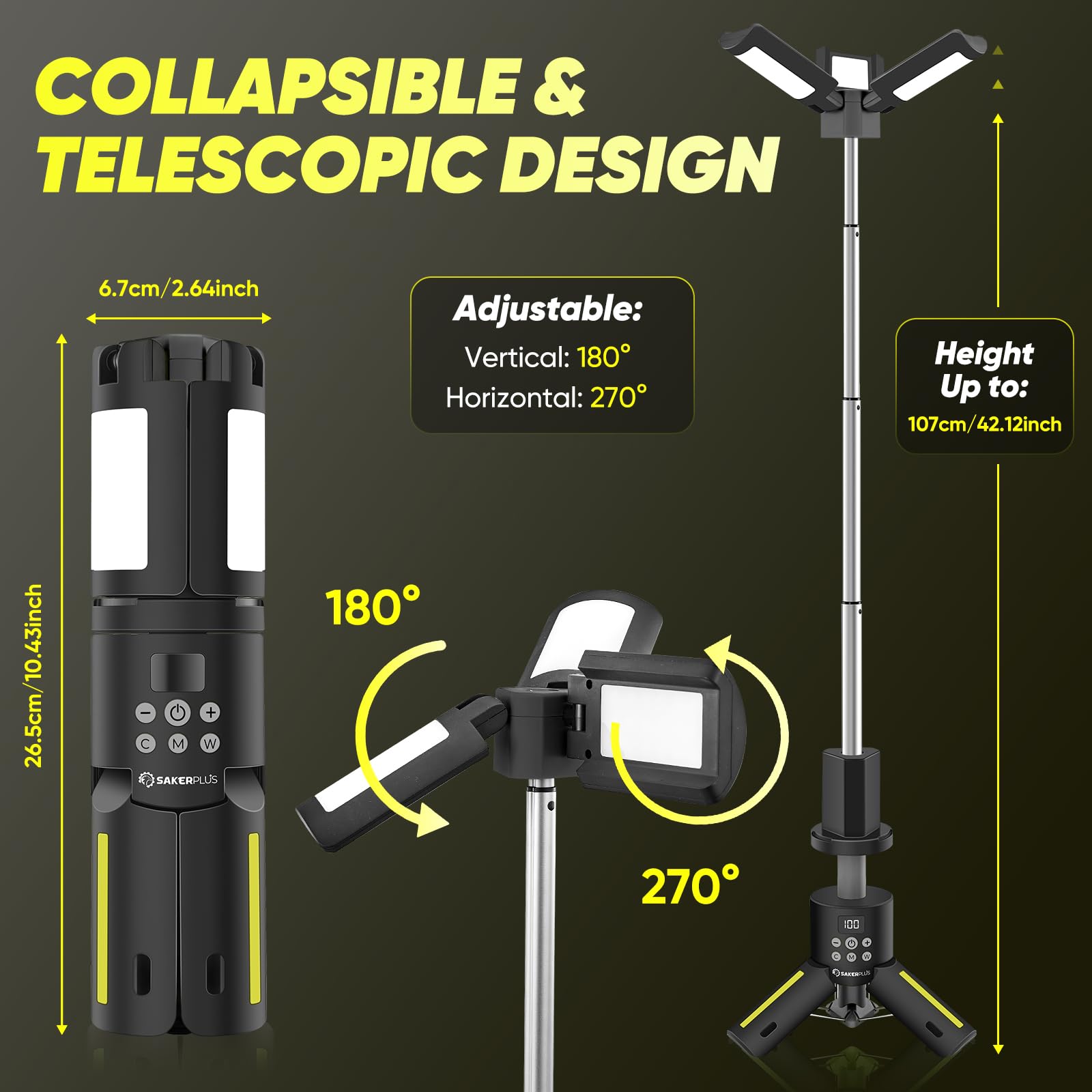 SakerPlus 5000LM Portable Camping Light, Rechargeable LED Lantern, 9 Color Modes, Black, Model EC67392, Magnetic Base for Emergencies