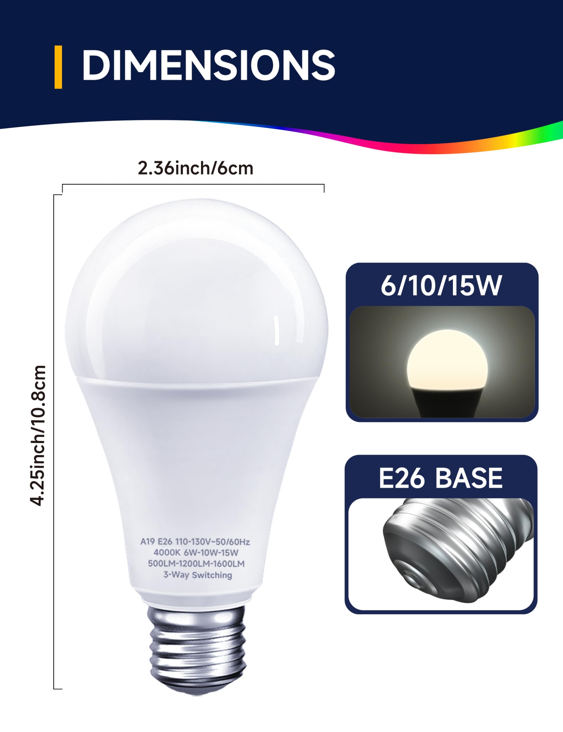 Unilamp 3 Way Led Light Bulbs, 3 Way Light Bulbs 30 70 100W Equivalent, Natural White 4000K Three Way A19 Light Bulbs, E26 Mediu