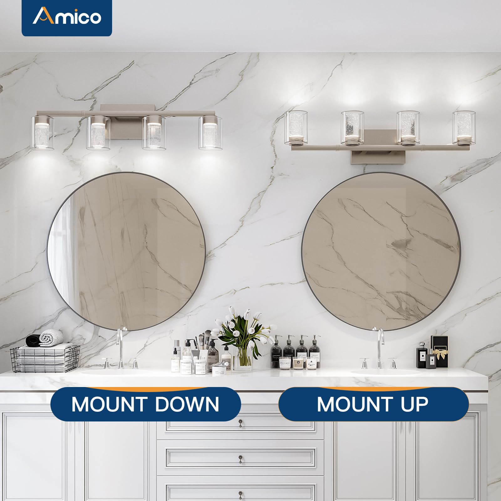 Amico Bathroom Vanity Lights, 4 Lights Brushed Nickel Bathroom Lighting Fixtures With 3Cct Adjustable, Modern Wall Light Over Mi