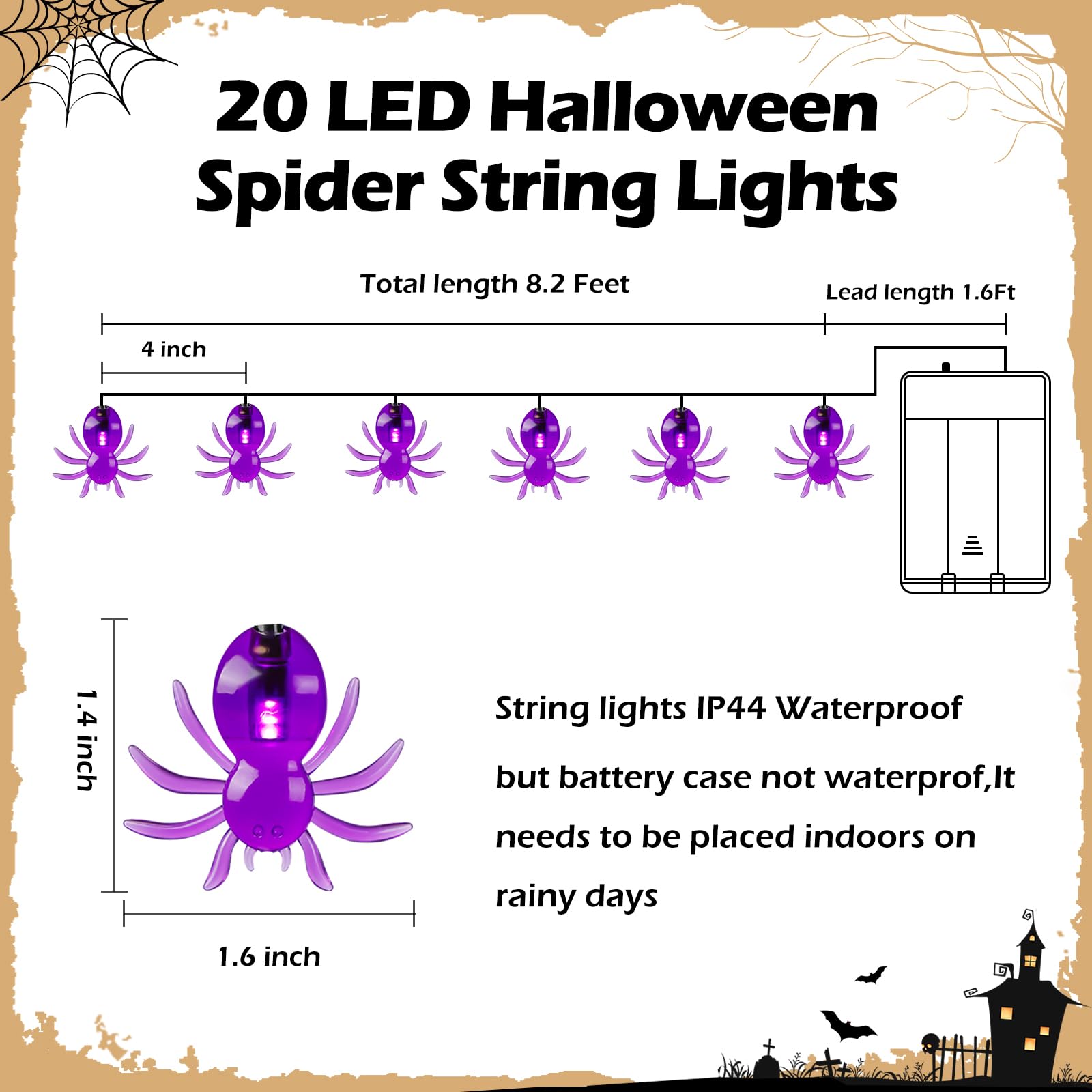 RECESKY 2 Pack Purple Spider String Lights, 80 LED, 28Ft, Battery Operated, Halloween Decor, Model HALLOSPD-P