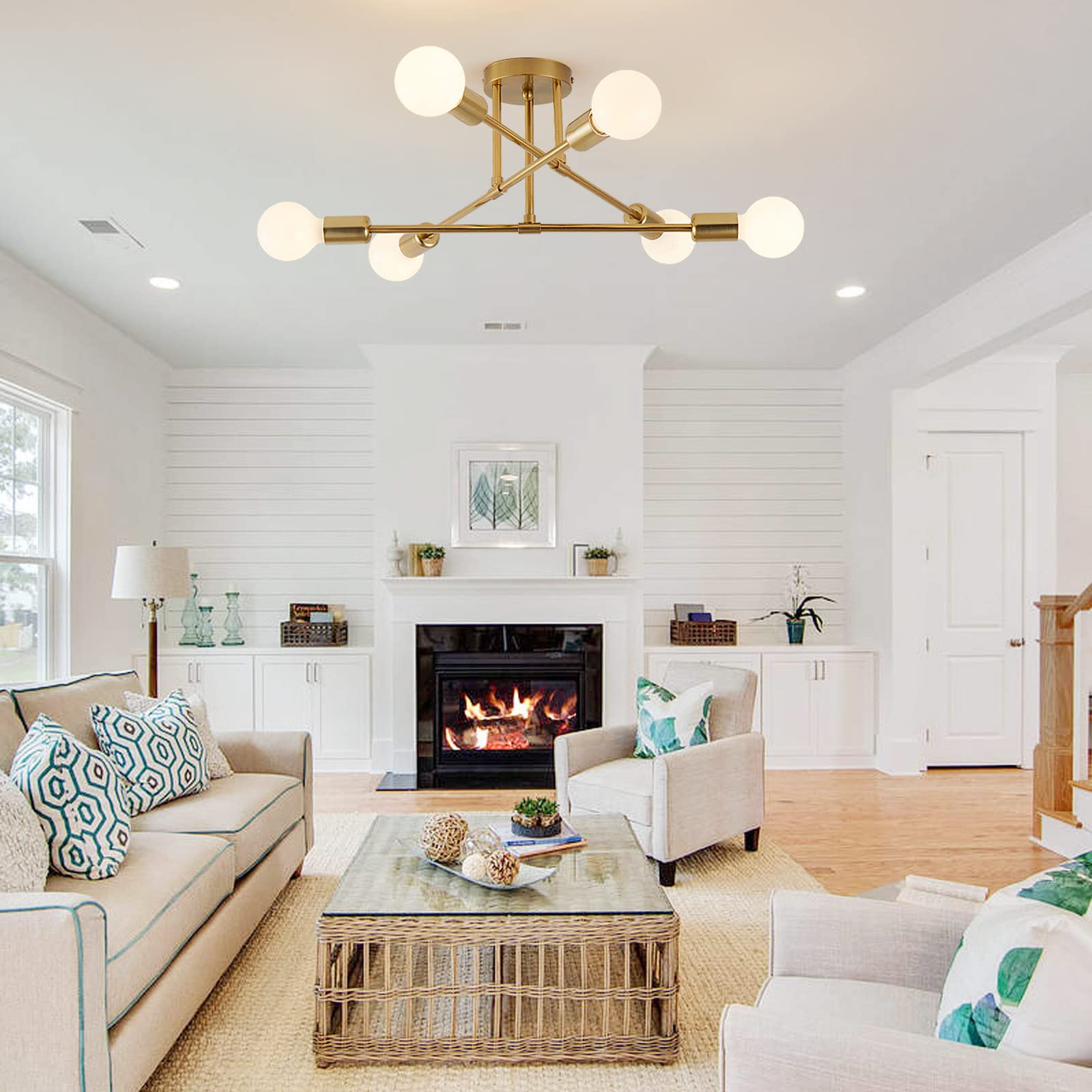 Yxth Gold 6-Light Semi Flush Mount Ceiling Light Fixture, Modern Sputnik Chandelier For Home