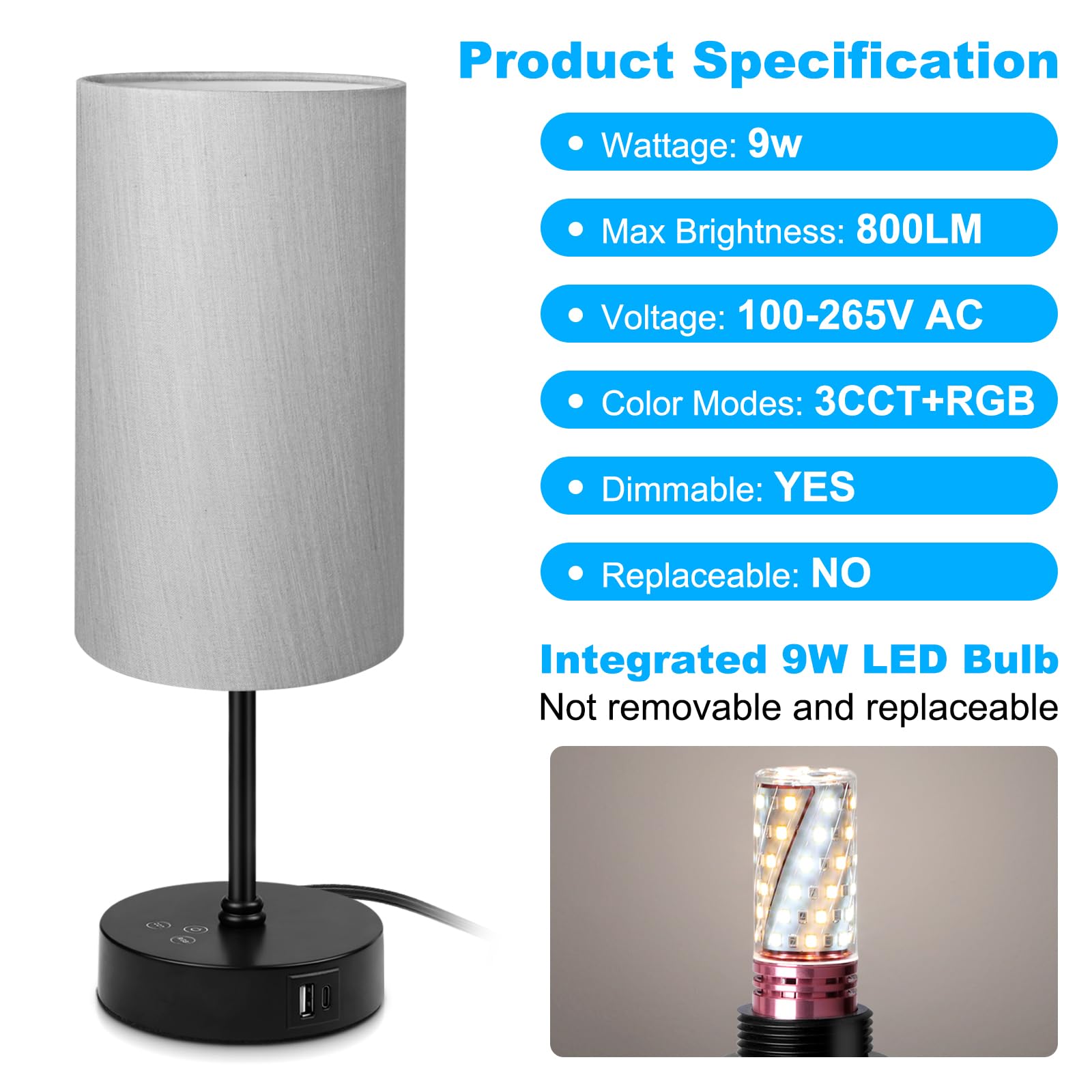 Unicozin Small Table Lamp, 7 Rgb & 3 Cct 3000K/4500K/6500K, Stepless Dimmable Bedside Lamp With Grey Shade, Touch Control Ambien