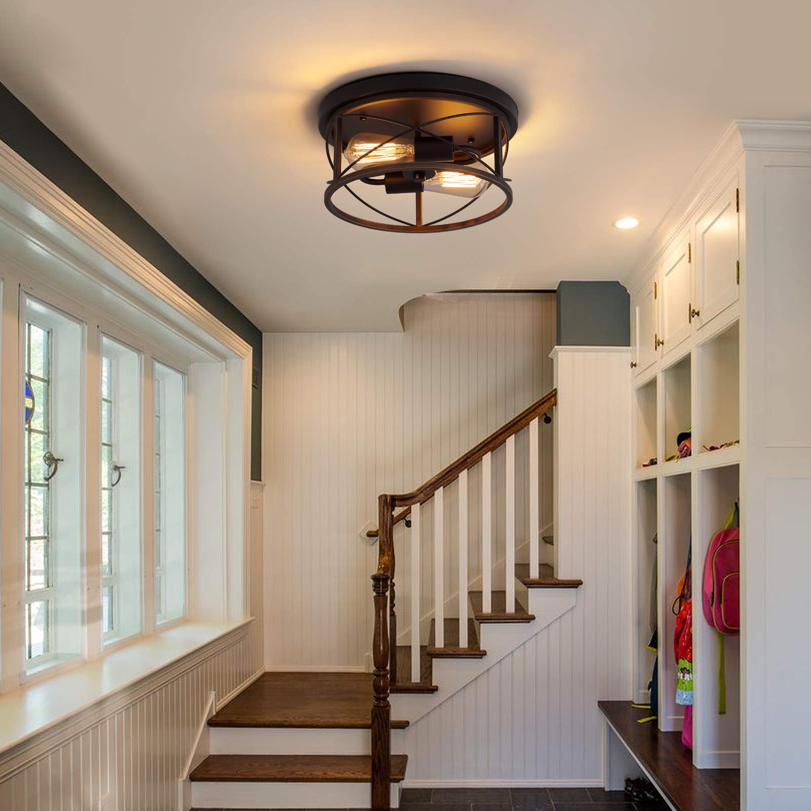 Q&S Farmhouse Ceiling Light Fixture Flush Mount,Orb+Bronze,Rustic Vintage Mini Ceiling Lighting For Hallway Entryway Kitchen Din