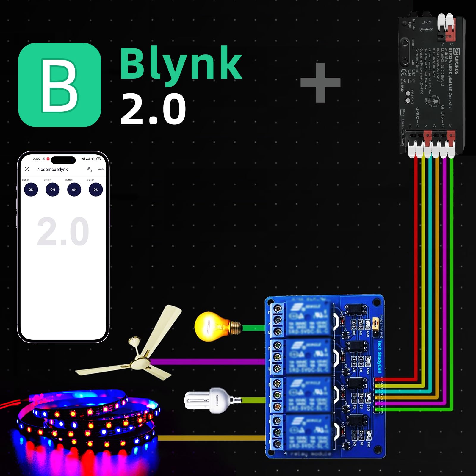 KHKJROS WLED Controller with Mic, ESP32 for WS2812B/WS2811/APA102 LEDs, 5-24V, Black, Model GL-C-015WL-M