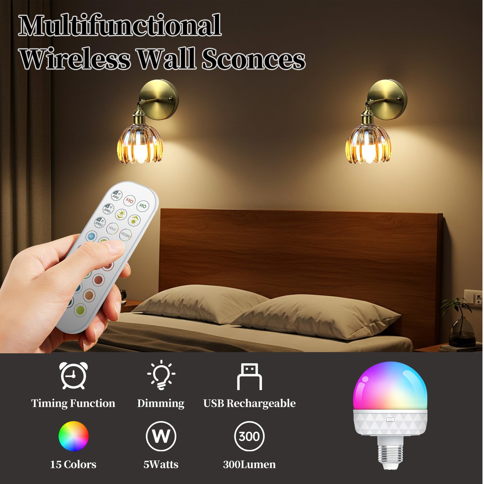 GEEZO Vintage Battery Operated Wall Sconce, Rechargeable Light with Remote, 2 Pack, Tulip Amber, Model GEEZO-Y-5