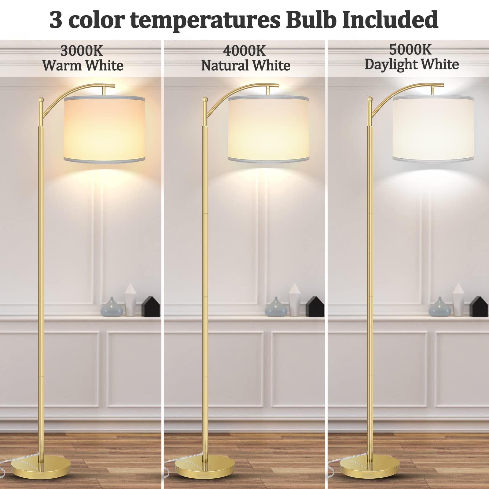 Rottogoon Gold Floor Lamp With 3Cct Led Bulb, Modern Metal Standing Lamp For Living Room & Bedrooms