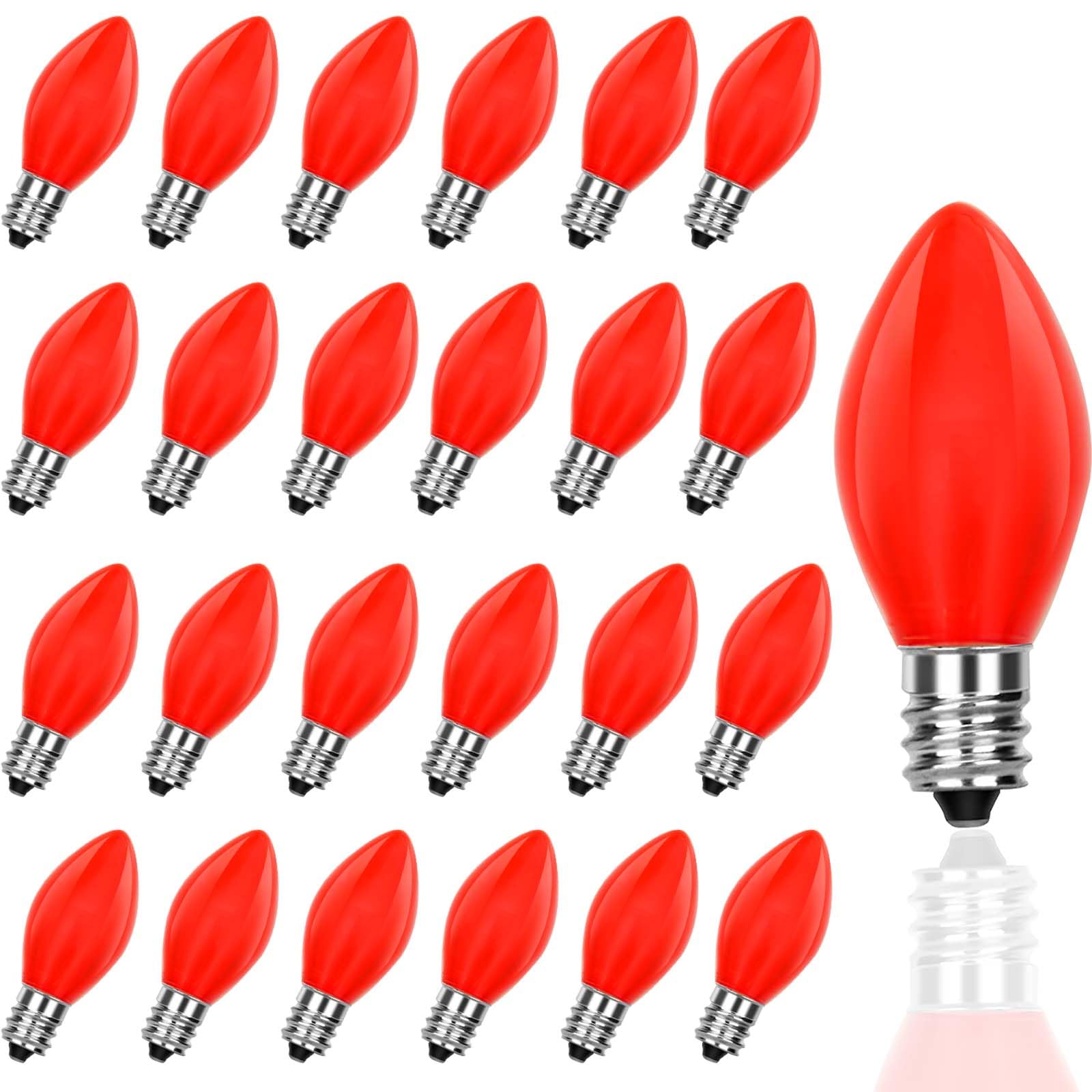 Romasaty 25 Pack Christmas Light Bulbs  C7 Ceramic Red Replacement Bulbs  C7 Outdoor String Lights Replacement Bulbs  C7/E12 Candelabra Base  5 Watt