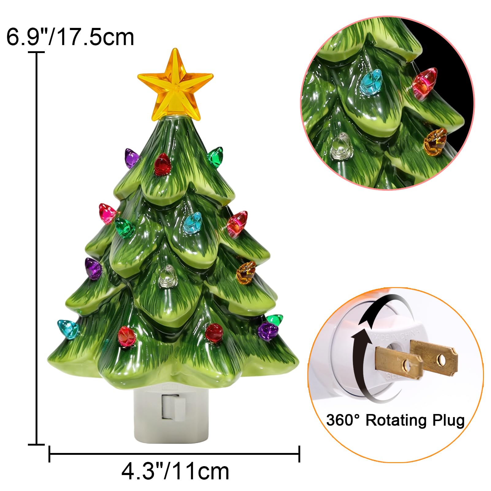 Lasumora Christmas Decorations  Ceramic Christmas Tree Night Light  1 Pack Vintage Christmas Decorative Night Light With On/Off Switch  Holiday Decor Indoor For Bedroom & Hallway