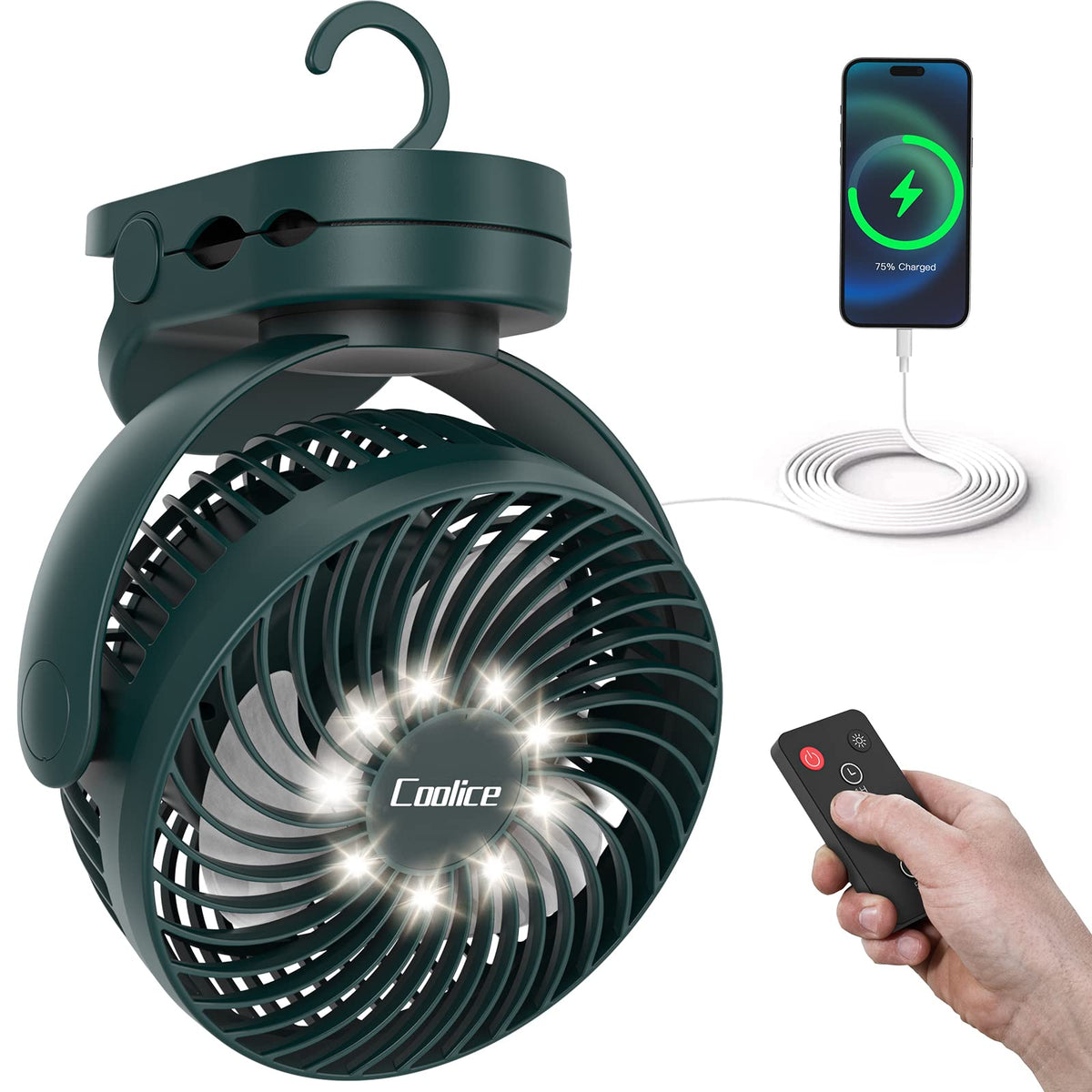Camping Fan With Remote Control - 65Hrs 12000Mah Rechargeable Fan, 3 Speeds & Timing Battery Powered Fan With Light & Hook, Tent