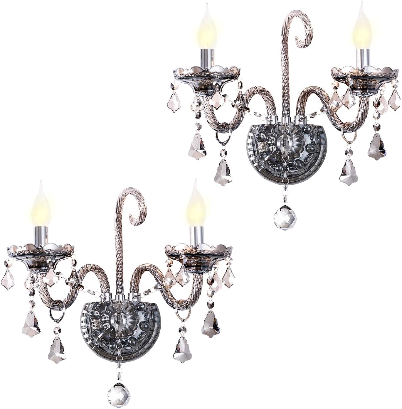 CRYSTOP Crystal Wall Sconces Lighting Set of 2, Gray, Metal, European Style, E12 Base, Perfect for Indoor/Outdoor Décor