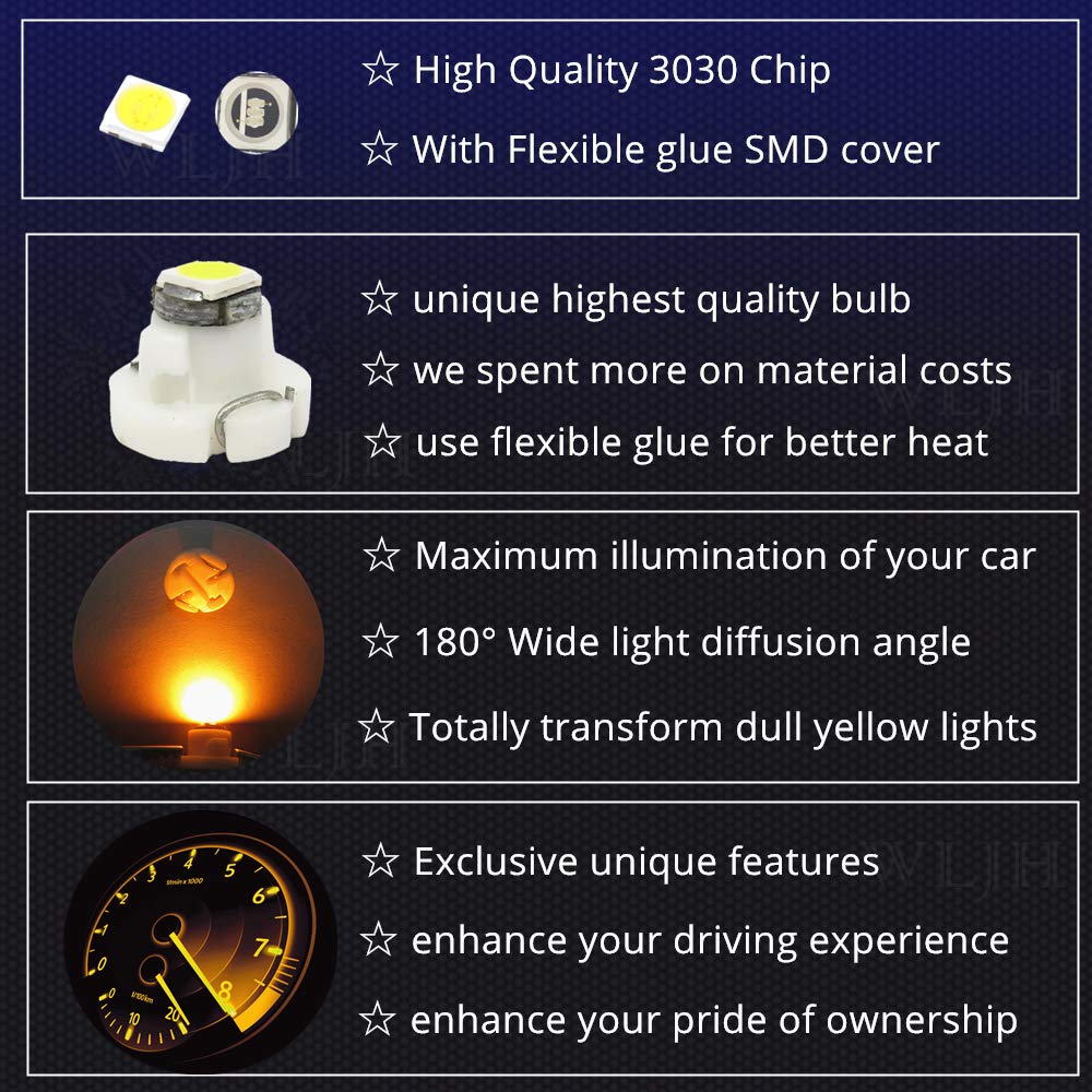 Wljh 10X Yellow T3 Neo Wedge Led 3030 Smd Chip 8Mm Base Car Instrument Cluster Light Dashboard Gauge Bulb Hvac Ac Heater Climate