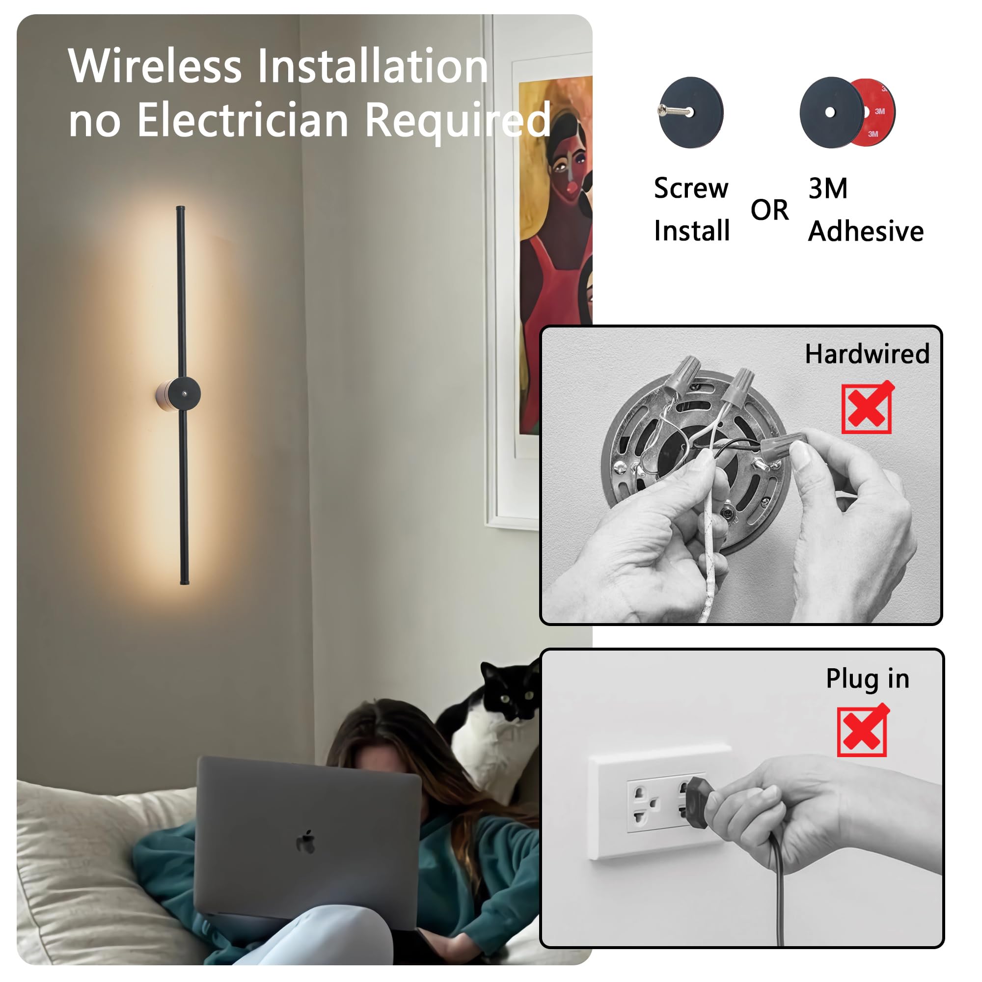 GWONER Battery Operated Wall Sconces Set of 2 with Remote Control, 40   Wireless Rechargeable Wall Lights, 3000K-6000K Steples