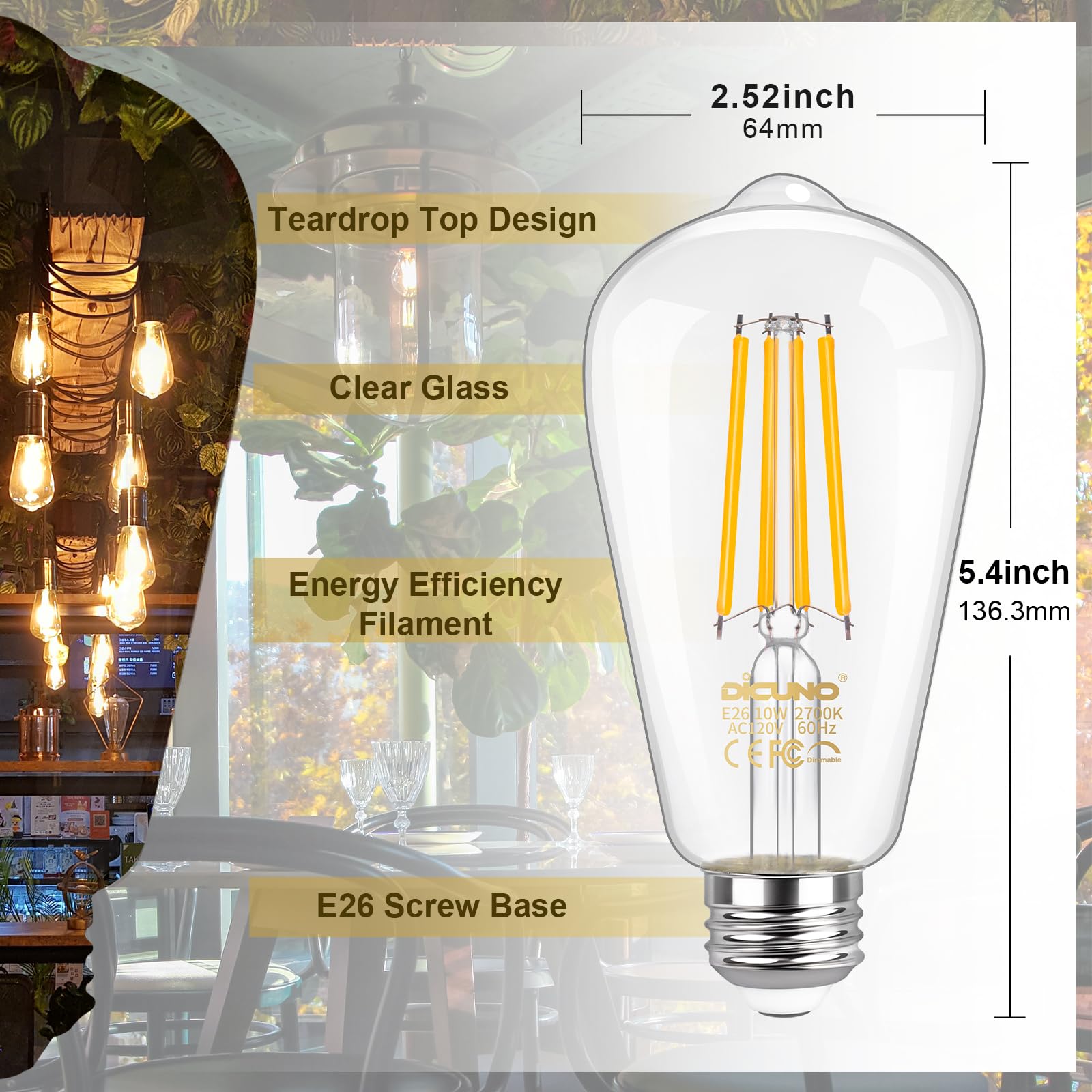 Dicuno Dimmable Edison Bulbs 100W Equivalent  Led Edison Bulb  Warm White 2700K  10W  1200Lm  Vintage St64 Filament Light For Bathroom  Kitchen  Decorative Lighting  2-Pack