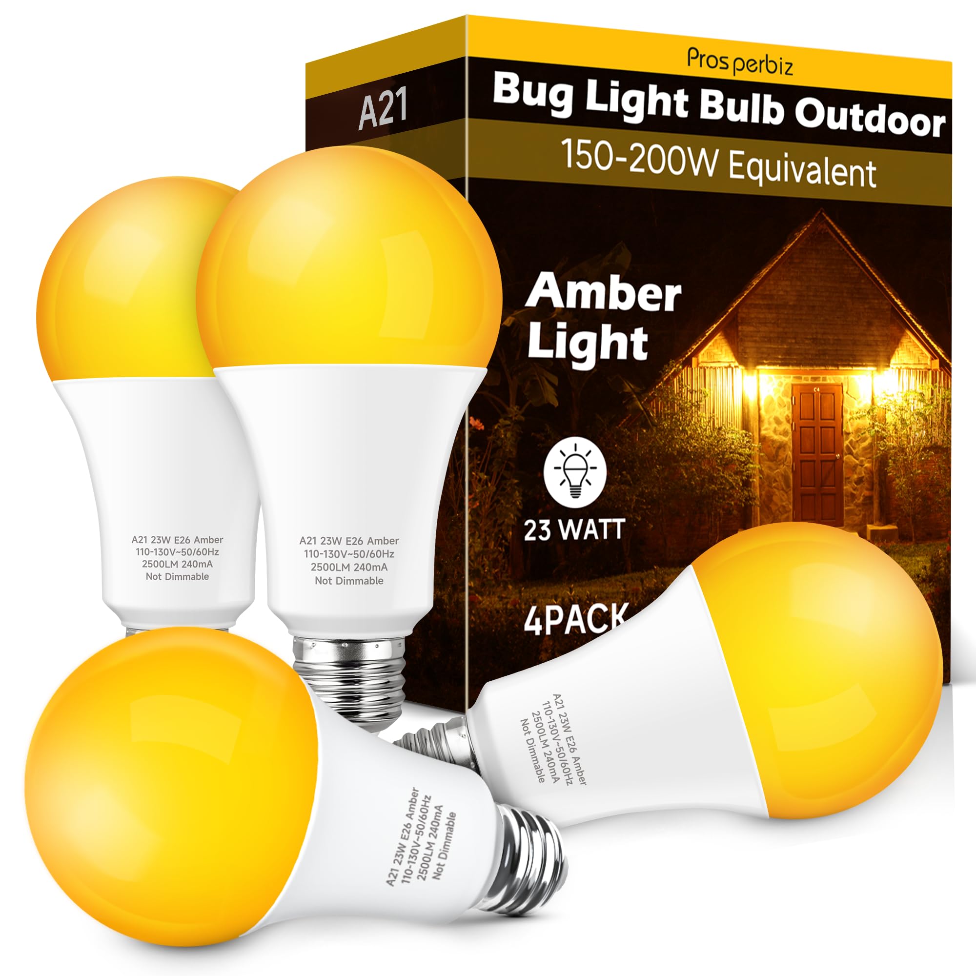 Prosperbiz Bug Light Bulbs A21 23W Amber Yellow 150W-200W Equivalent E26 Non-Dimmable 4 Pack