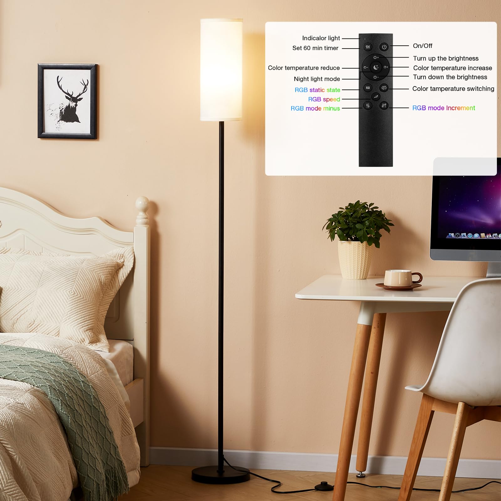 Ambimall 64'' RGB Floor Lamp with Remote Control, Stepless Dimming, Metal, White Shade & Black Pole, Model RPT-ZGB50515