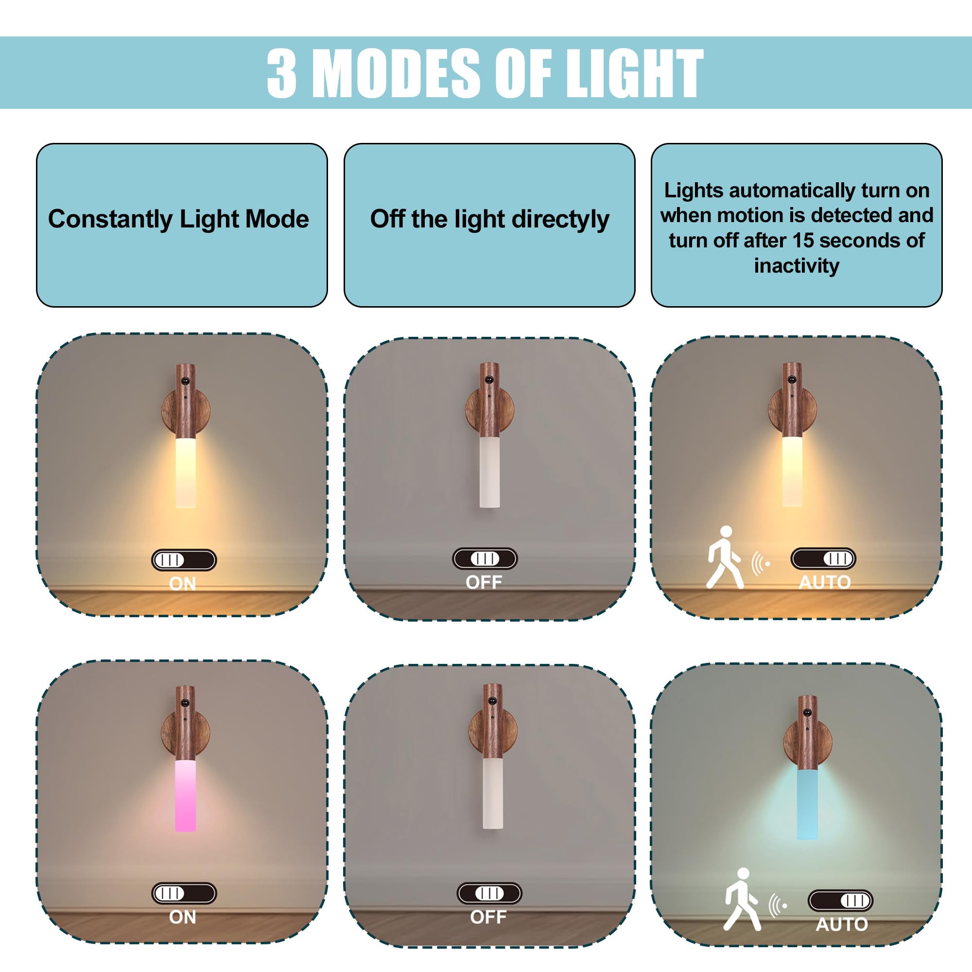 Landgoo Modern Wood Wall Sconce With Motion Sensor & Rgb Led Lights  Wireless Battery Operated Indoor Lighting For Living Room/Kitchen D?Cor