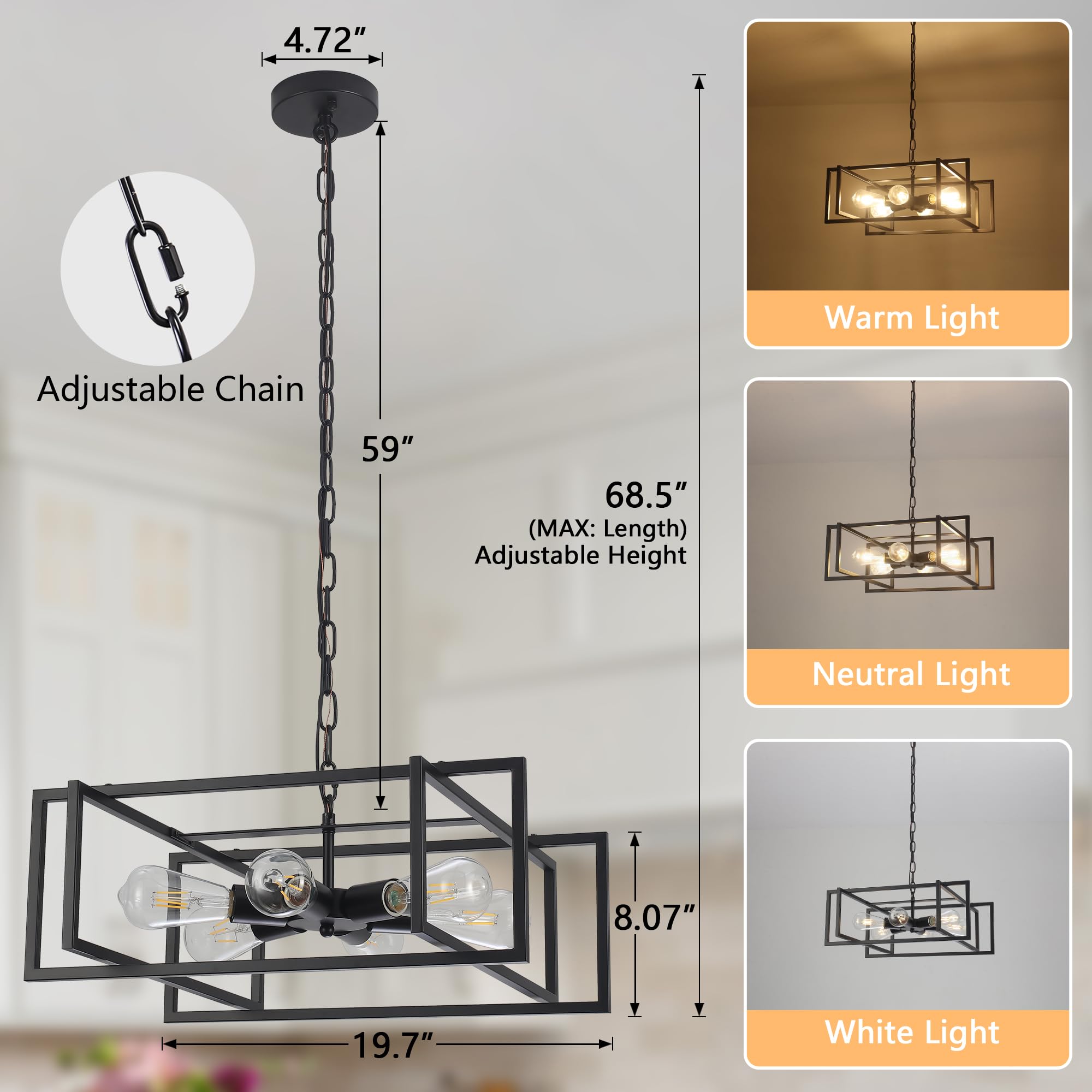 Febeleven 19.7'' Matte Black Industrial Pendant Light, Hight Adjustable, 6-Lights Rustic Vintage Metal Chandelier Light Fixture