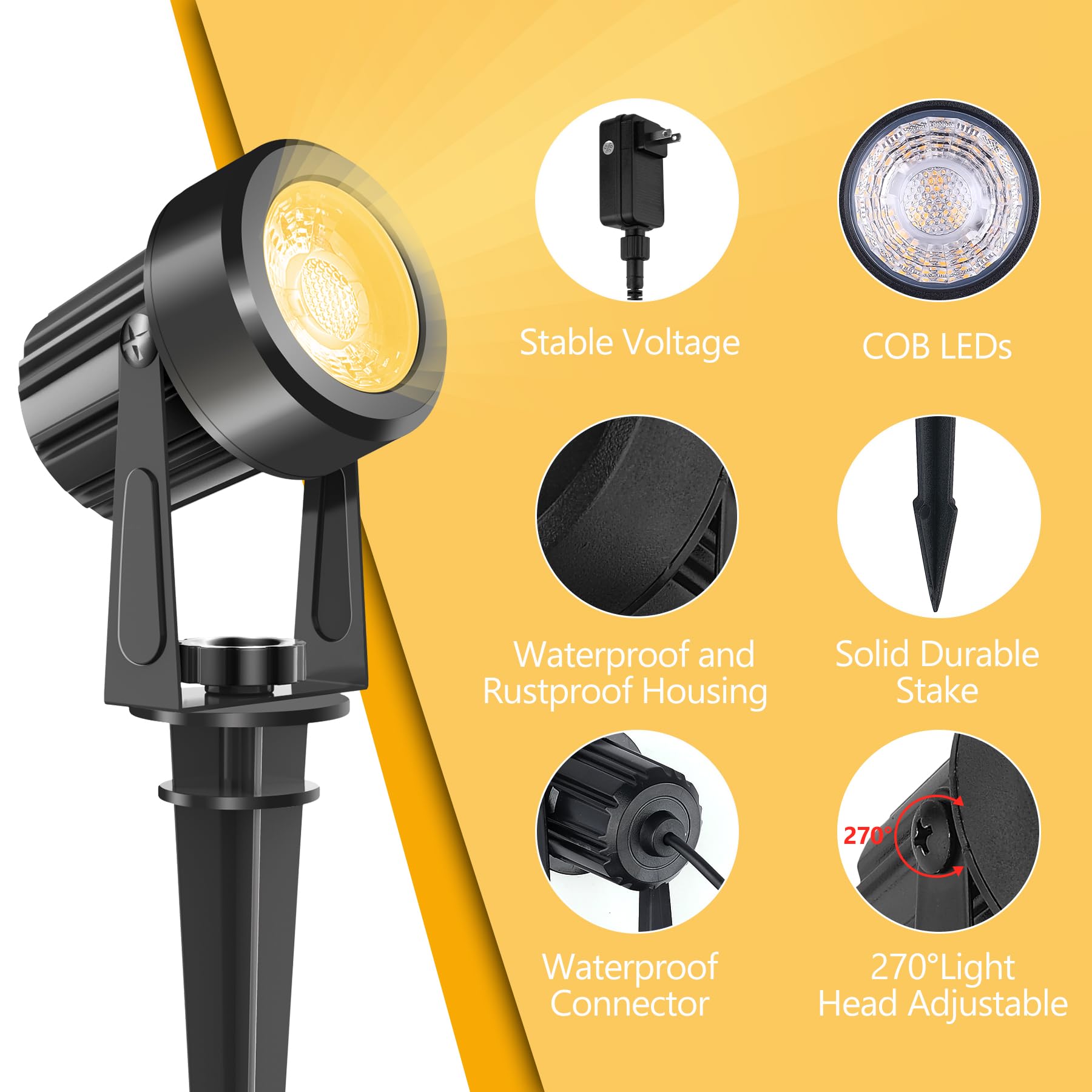 Crepow Led Spotlight Outdoor,Low Voltage Landscape Lighting Ip65 Waterproof With Us Plug, 3000K Warm White Outdoor Spot Lights F