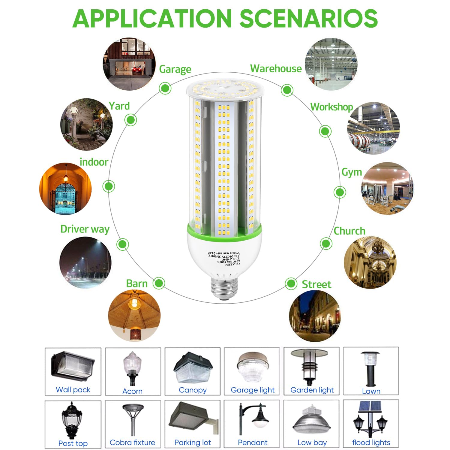 Gtaren 60W Led Corn Cob Bulb 600W Equivalent 5000K Daylight E26/E39 Base  8400 Lumens - Replace Cfl/Metal Halide/Hps For Warehouse Workshop Gym Yard Basement Lighting