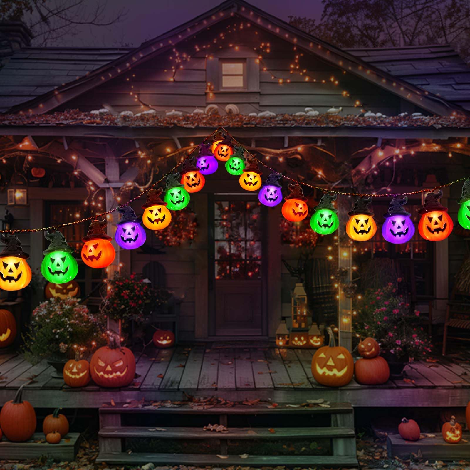 Windpnn Solar Halloween Lights - 16ft 30LED Waterproof Pumpkin String Lights, Multicolor, 8 Modes for Garden & Patio Decor