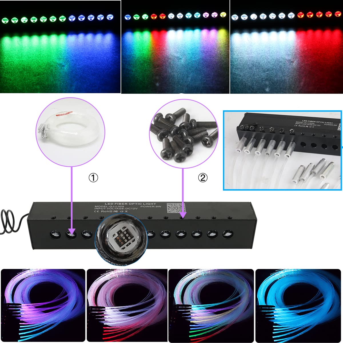 AZIMOM Dual Color Twinkle Fiber Optic Starlight Headliner Kit, 1200pcs 0.03in 13.1ft, RGB, Sound Activated, Model DUALCOLOR