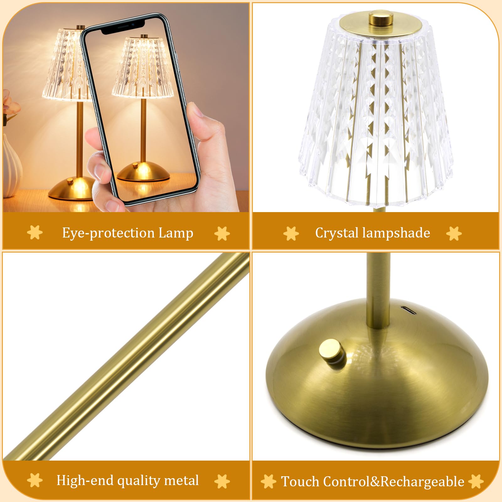 Nusogon Cordless Touch Dimmable Crystal Lamp, 5.1" x 12", Metal Gold, Rechargeable, 3 Colors, Vintage Design for Indoor/Outdoor Use