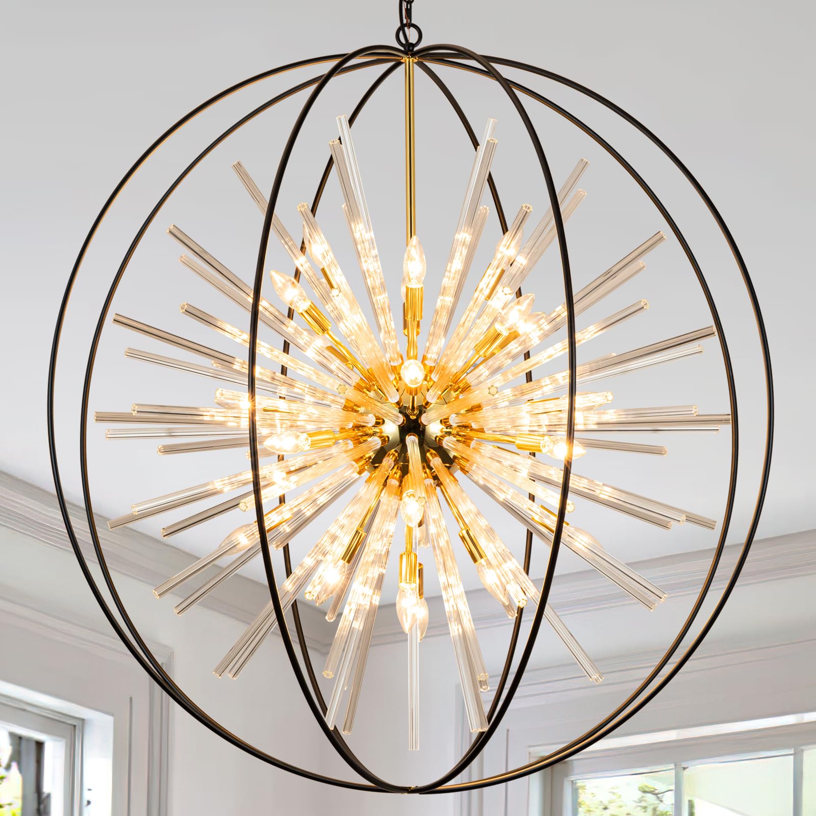 Vezzio 42'' Extra Large Black and Gold Chandeliers for High Ceiling 24-Light Big Modern Globe Crystal Chandeliers for Entryway F