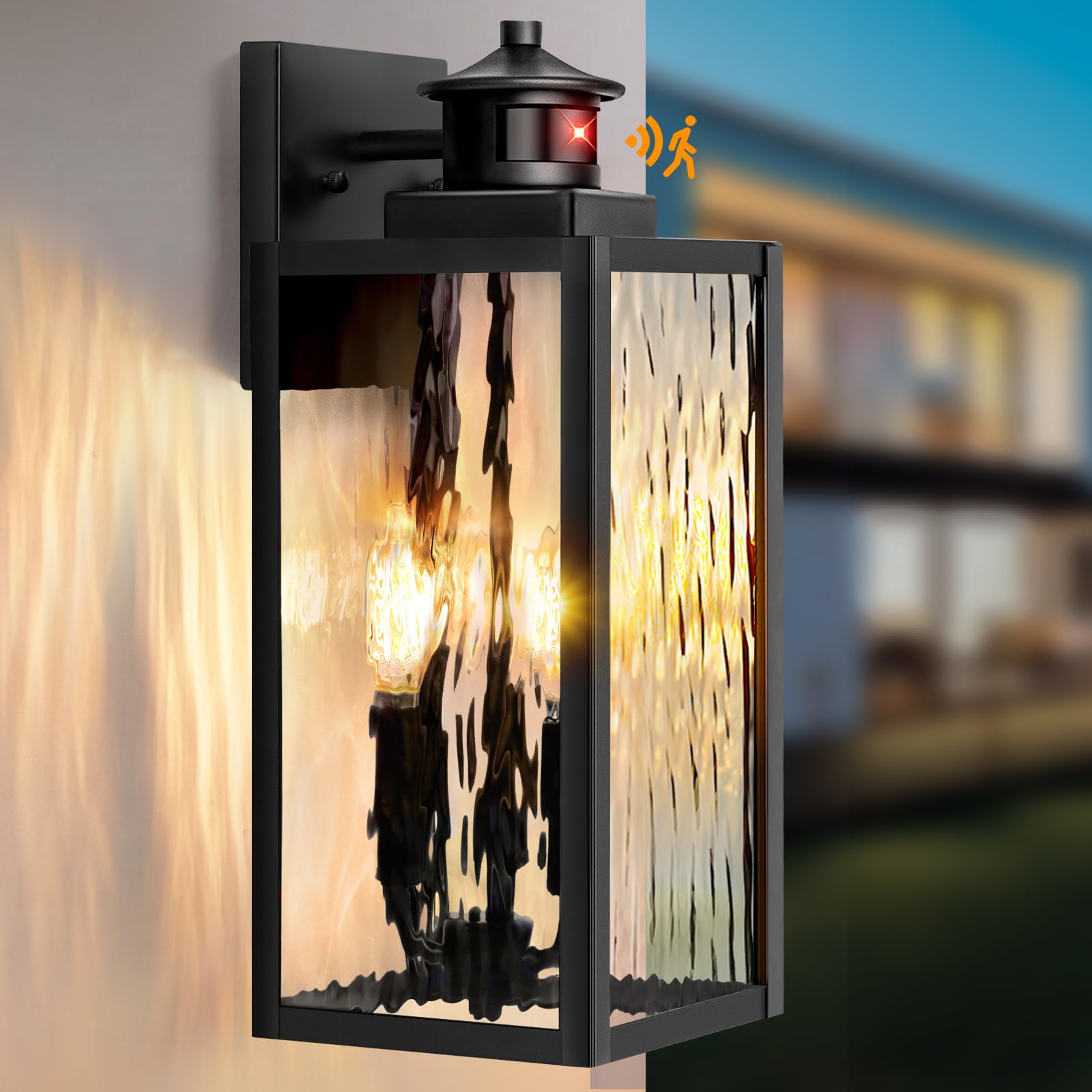 Large Motion Sensor Outdoor Wall Light, Black Exterior Wall Sconce Light Fixtures with Water-Rippled Glass, Waterproof Modern Ou