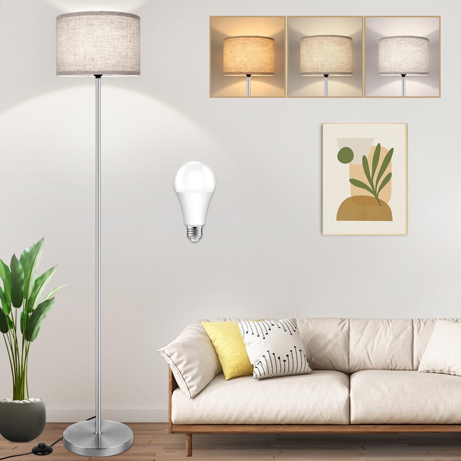 65?Modern Simple Floor Lamp Foot Switch, Silver Standing Lamp for Living Room with 3-Color Changing LED Bulb, Dimmable LED Floor