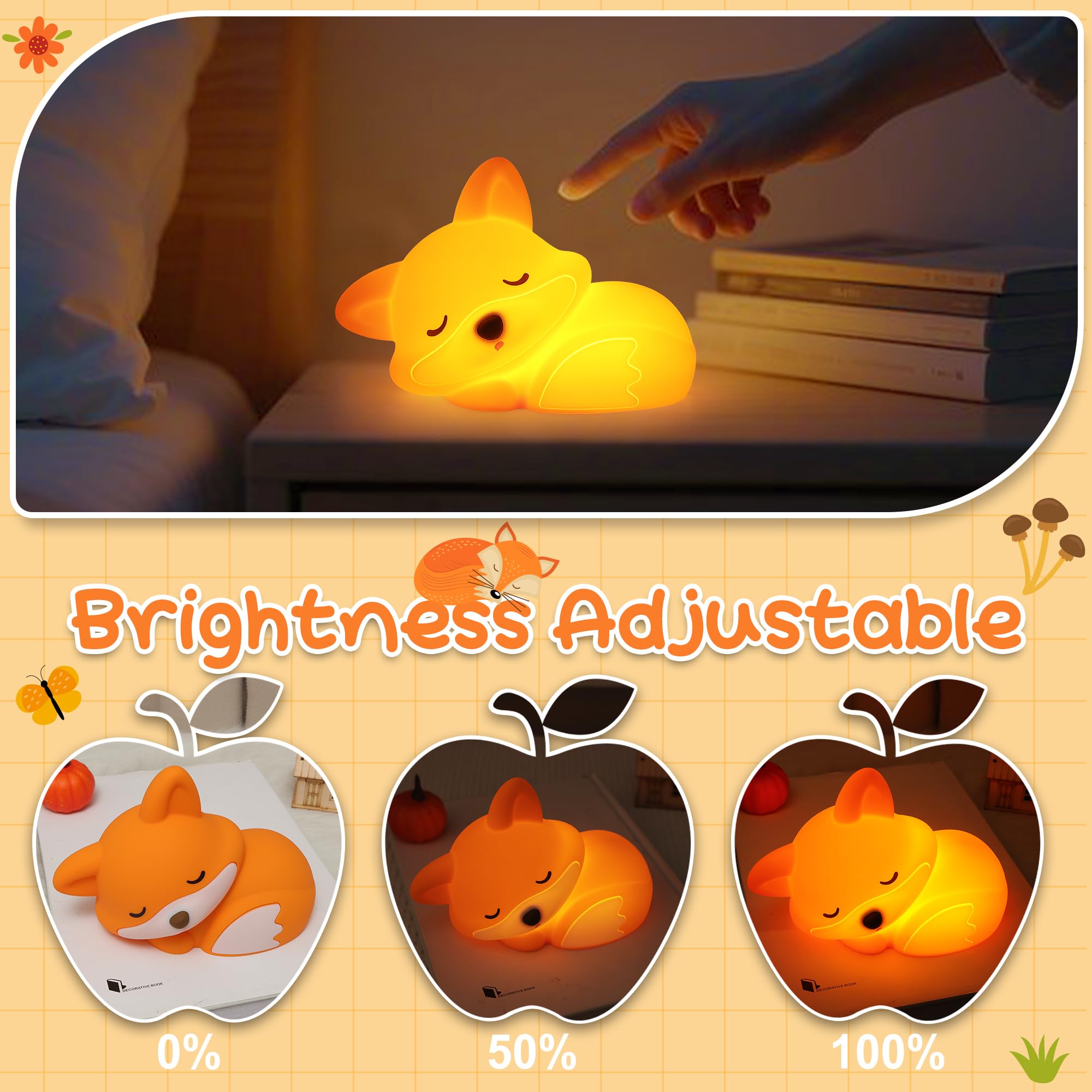 Okayera Fox Night Light For Kids  Cute Silicone Lamp With Rechargeable Dimmable 20 Mins Timer  Kids Bedside Decoration Light  Birthday Holiday Christmas Gifts Idea For Baby Girl Boy Friend