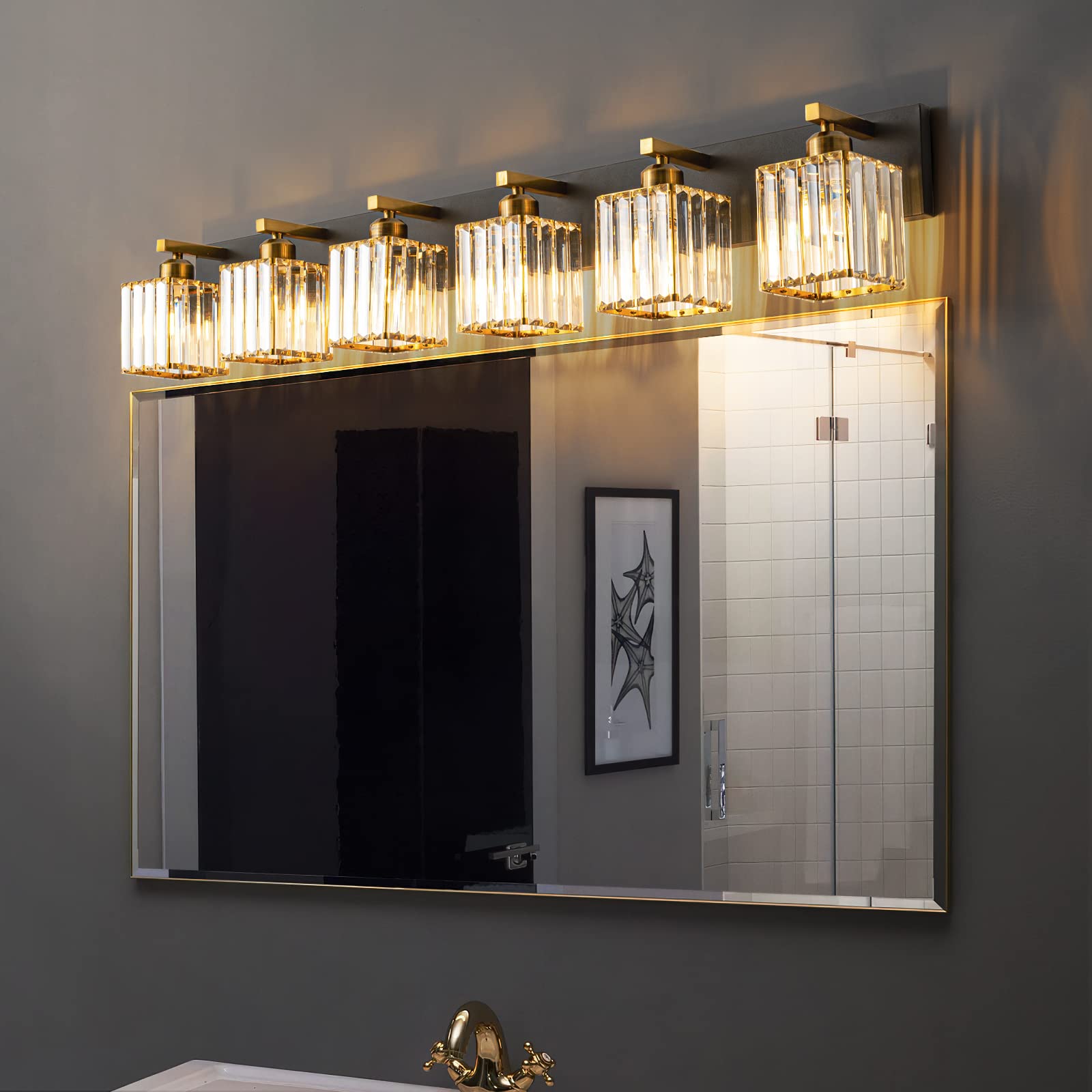 FDPBY Modern Bathroom Vanity Light 6-Light Black Gold Crystal 44.09-inch JW-002