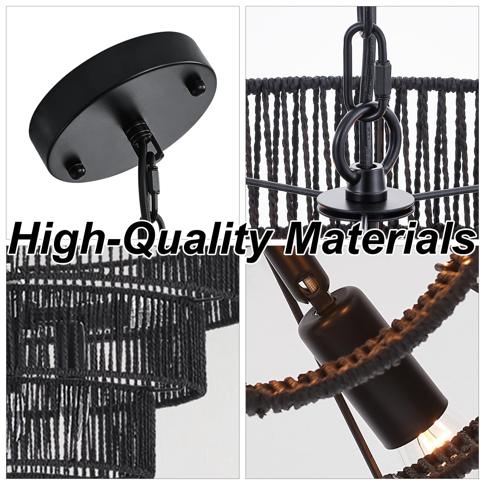 Yomecoo Black Rattan Chandelier Vintage Farmhouse 6-Lights Boho Hand-Woven Bamboo Black Chandeliers Light Fixture Retro Drum Wic