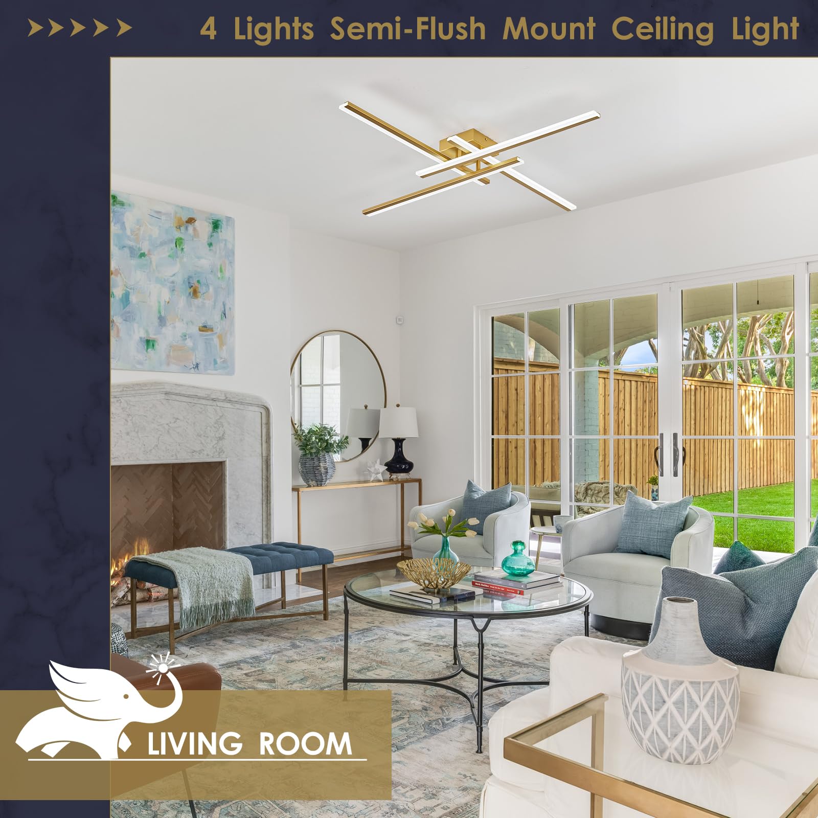 Airyphant Gold Modern Led Chandelier 4-Lights Semi-Flush Mount Ceiling Lighting Fixture 35.4  Dimmable Remote Control Ceiling Light For Living Room Bedroom Kitchen Foyer