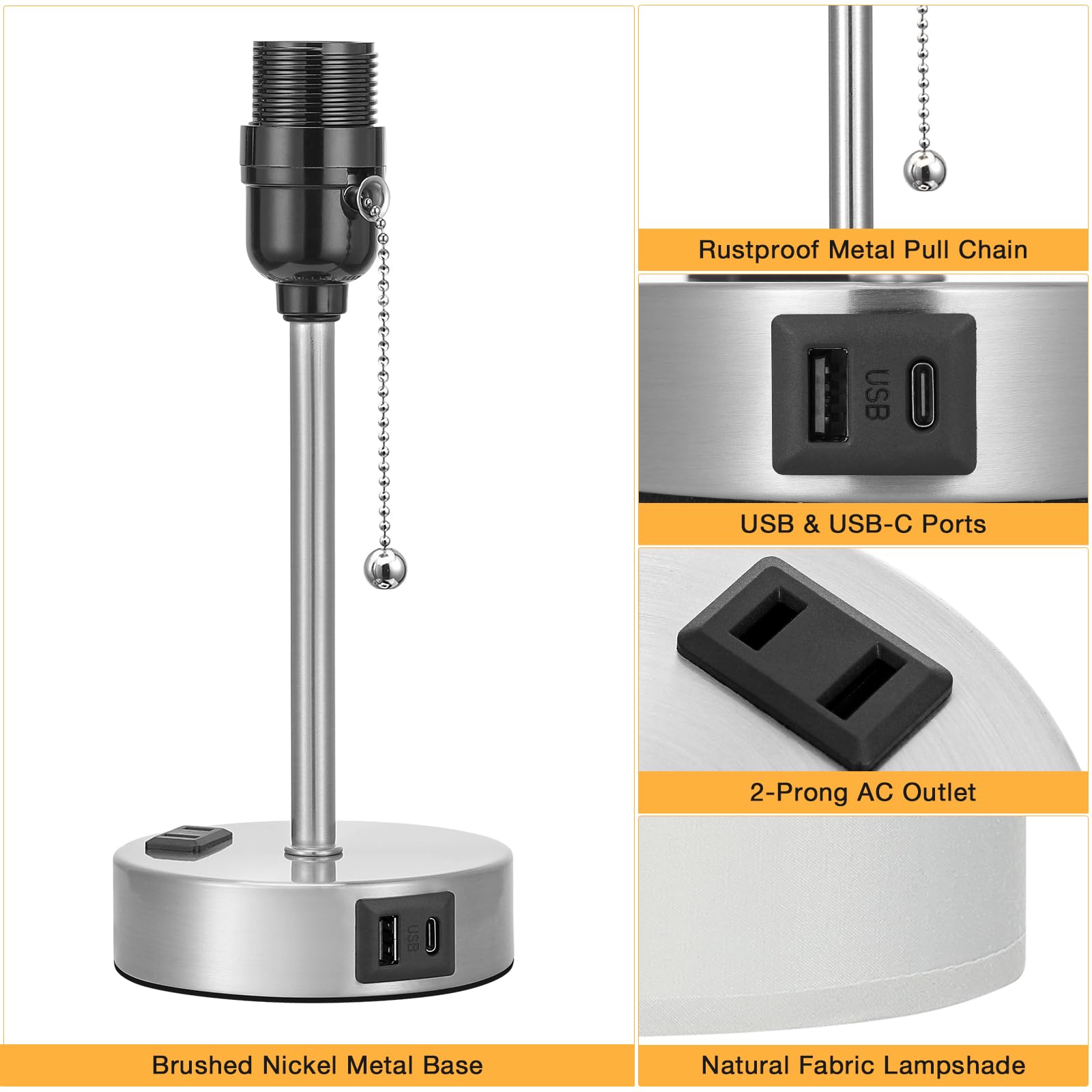 Dicoool Grey Bedroom Lamp - 3 Color Temperatures, USB C & A Ports, AC Outlet, 14.6in Metal Table Lamp, Model 15-10 for Kids Girls