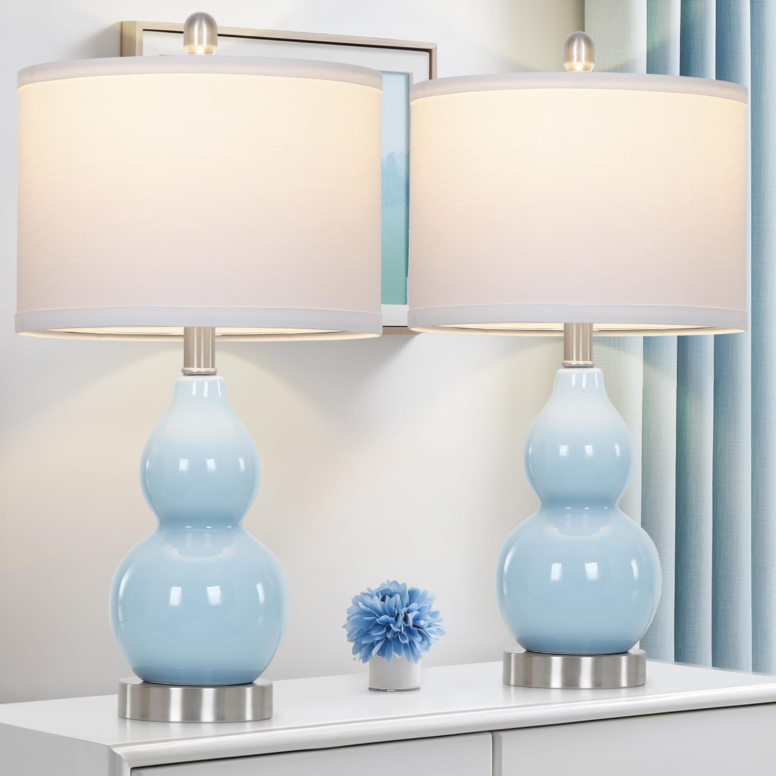 22 Double Gourd Ceramic Table Lamps Set of 2  Blue Modern Bedside Lamps for Living Room  Contemporary Nightstand Desk Lamps for Bedroom End Table Home Office Study Room Decor(2 LED Bulbs Included)