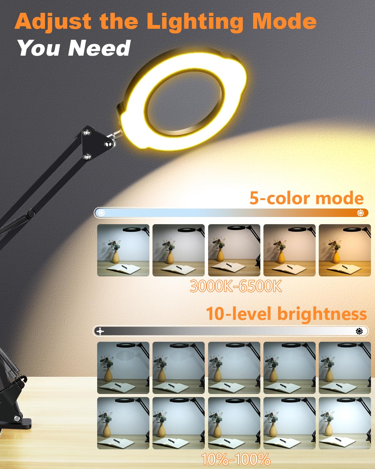 Aigogo 10X Magnifying Glass with Light, 5 Color Modes, Stepless Dimmable LED, Black, Model M10