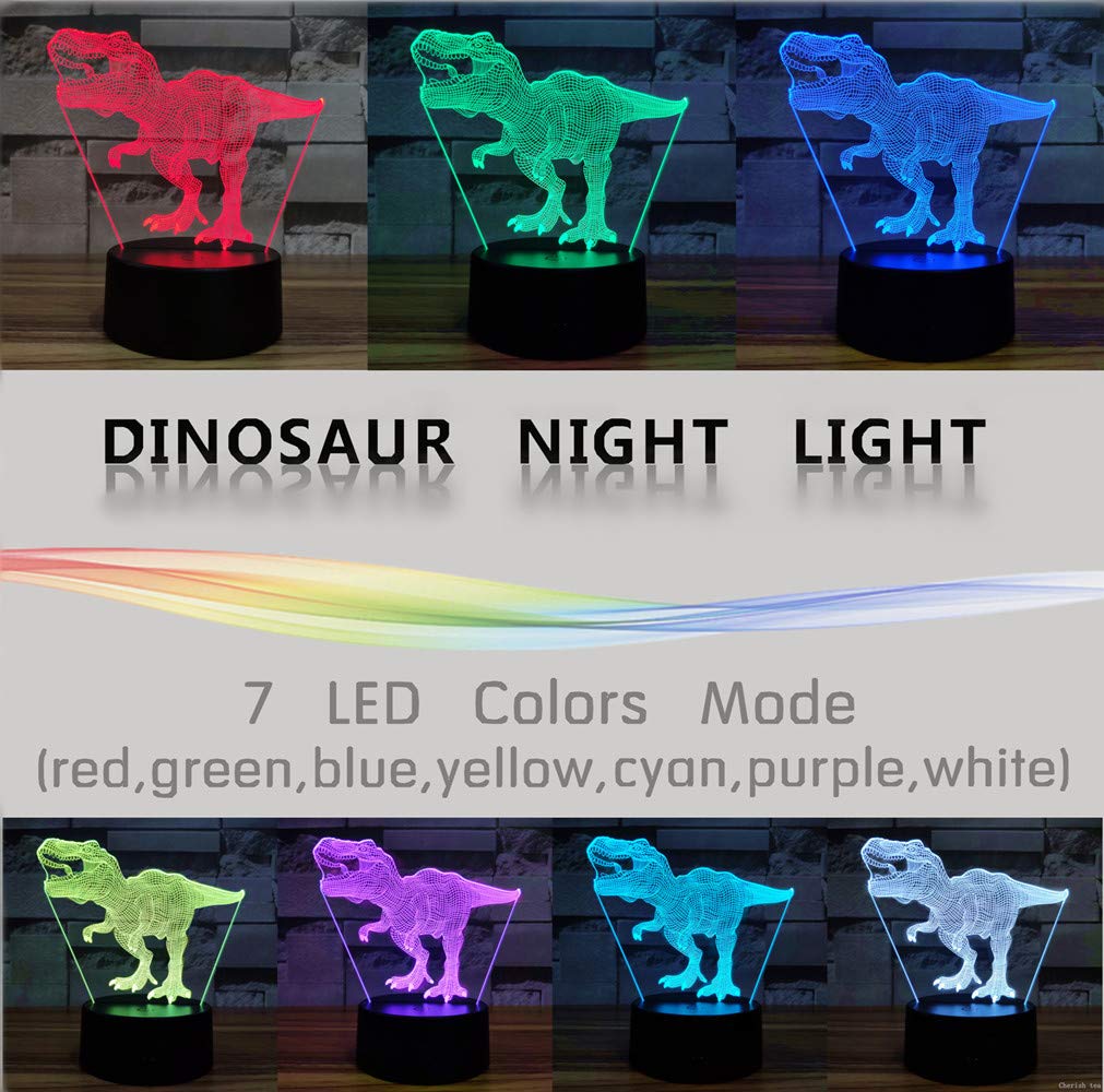 i-CHONY Dinosaur Night Light - T-Rex 3D Lamp, 7 Color Changing, USB, Touch Control, Kids Room Decor, Xmas Gift