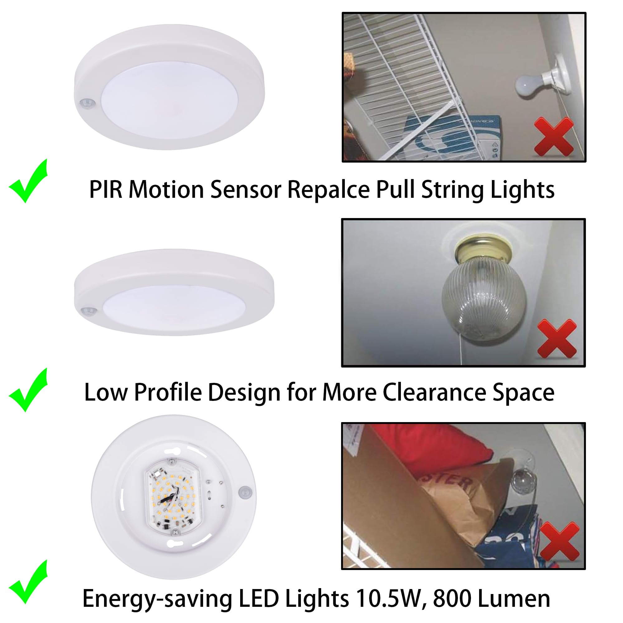 Yoonlit Flush Mount Pir Motion Sensor Led Ceiling Light, 6.2 Inch 10.5W 800 Lumen, Motion Activated Ceiling Fixture For Closet,