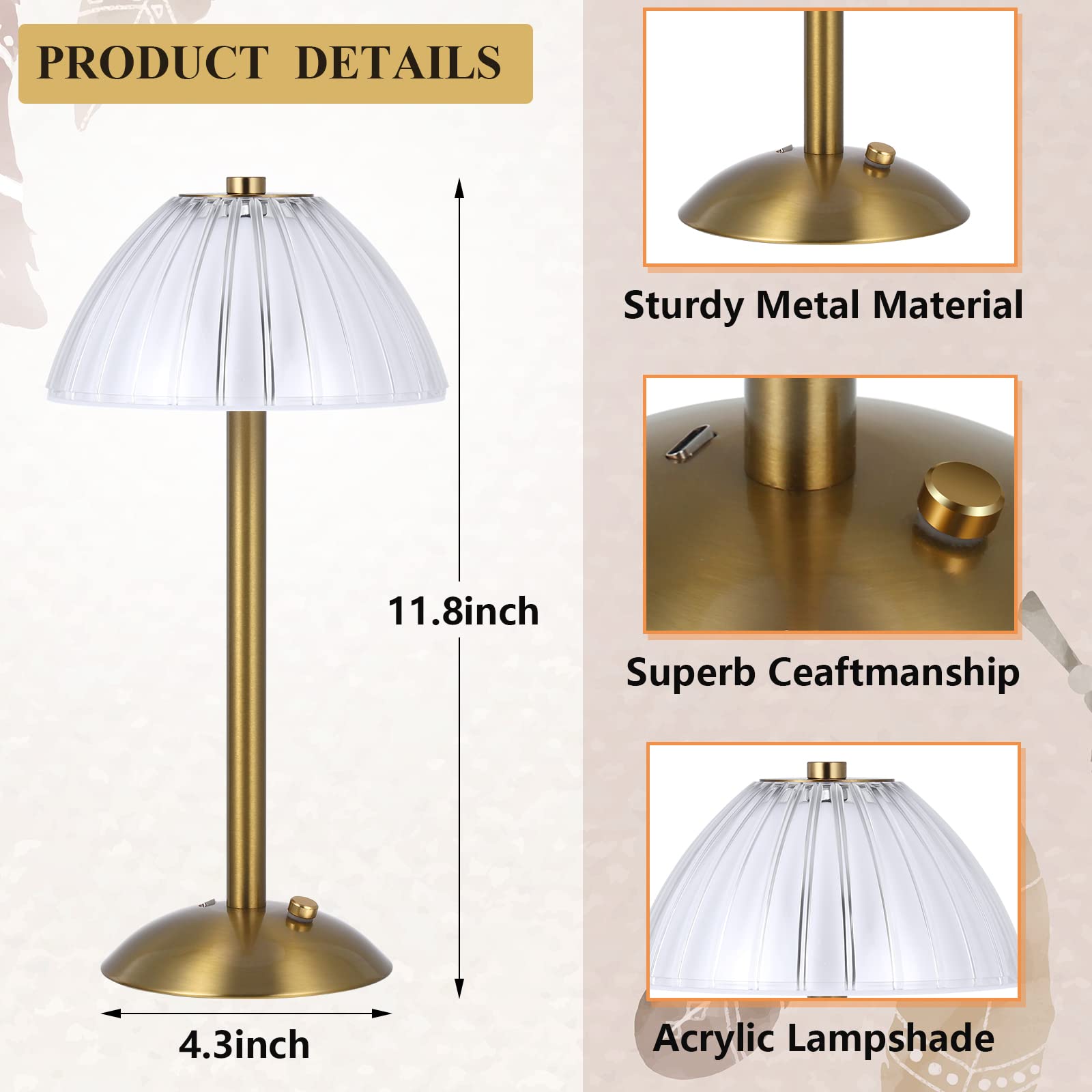 Liliful Portable Cordless LED Table Lamp - Touch Control, Rechargeable, 3 Color Dimmable - Mushroom Style, Metal Finish