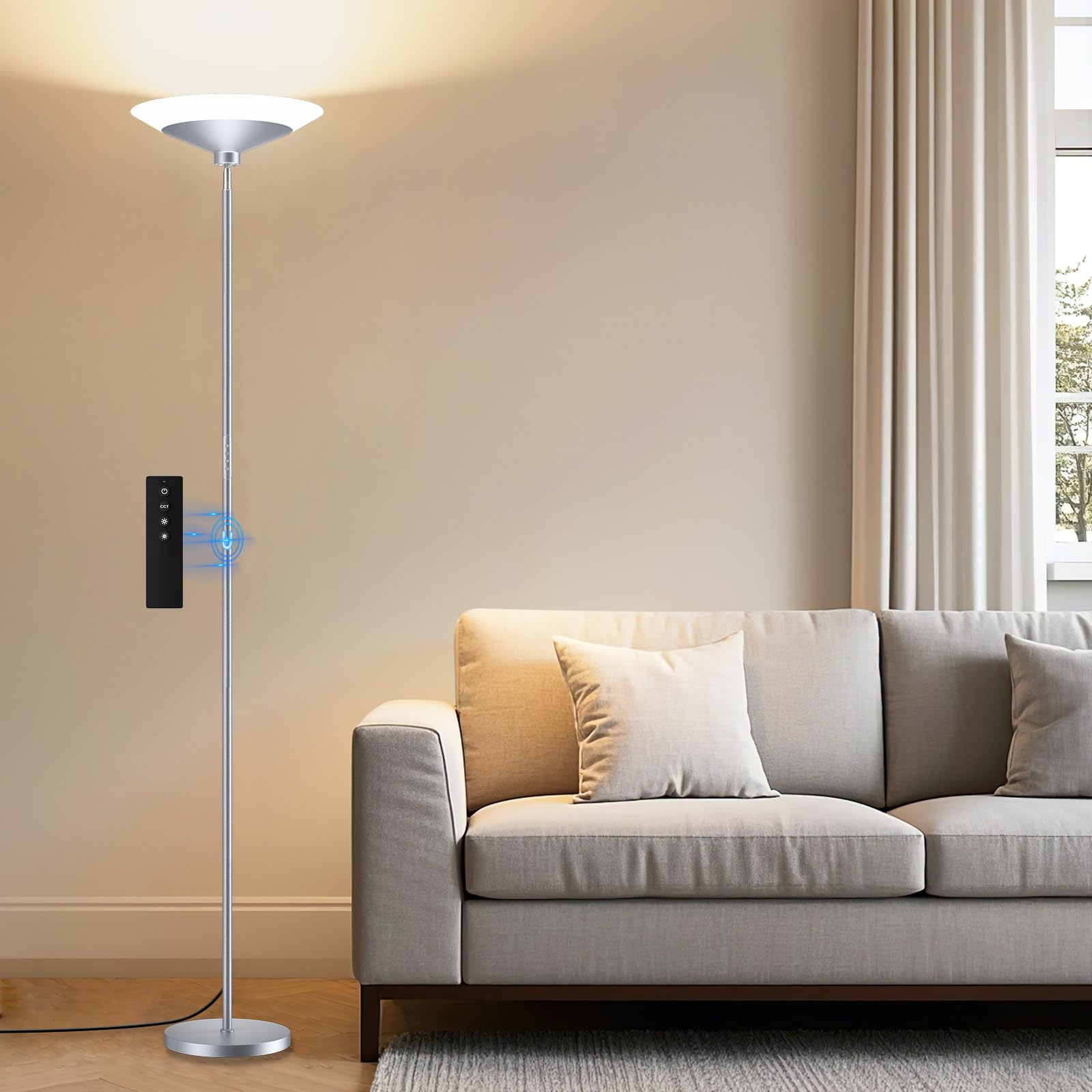 SIBRILLE Silver Torchiere Floor Lamp - 30W Dimmable LED Standing Lamp with Remote/Button Control, 1800Lm, 3000-6500K, 72in Brigh