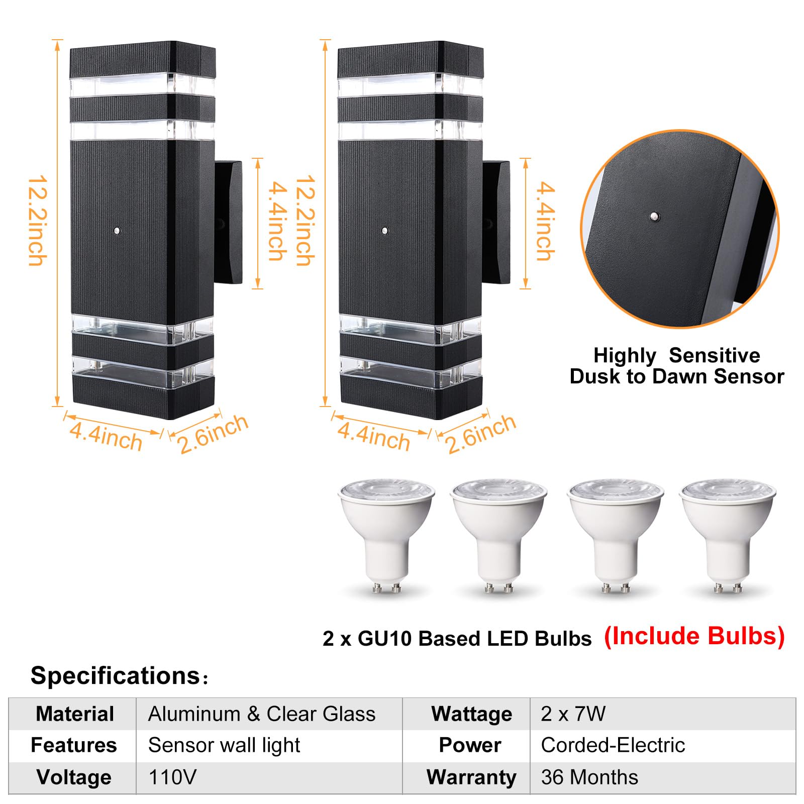 TEBLAMPUE Dusk to Dawn Outdoor Wall Lamps, Waterproof 3000K Warm White, Black, 2 Pack, Aluminum, Model TEBOWLS4