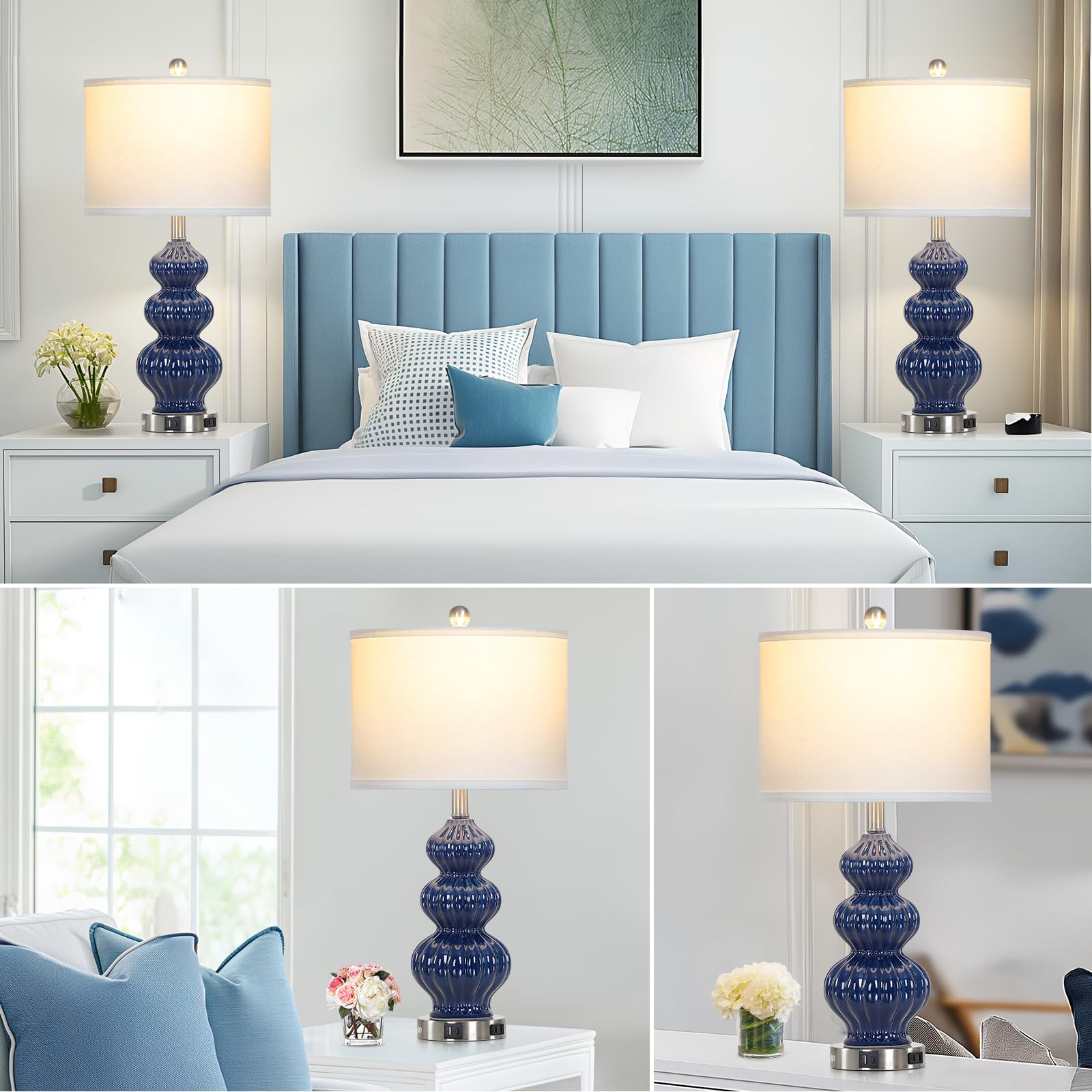Rinweey Triple Gourd Ceramic Table Lamps Set Of 2, Modern Blue Bedside Lamps With Usb A+C Ports & Ac Outlet, 3 Way Touch Control Contemporary Nightstand Lamps For Bedroom Living Room