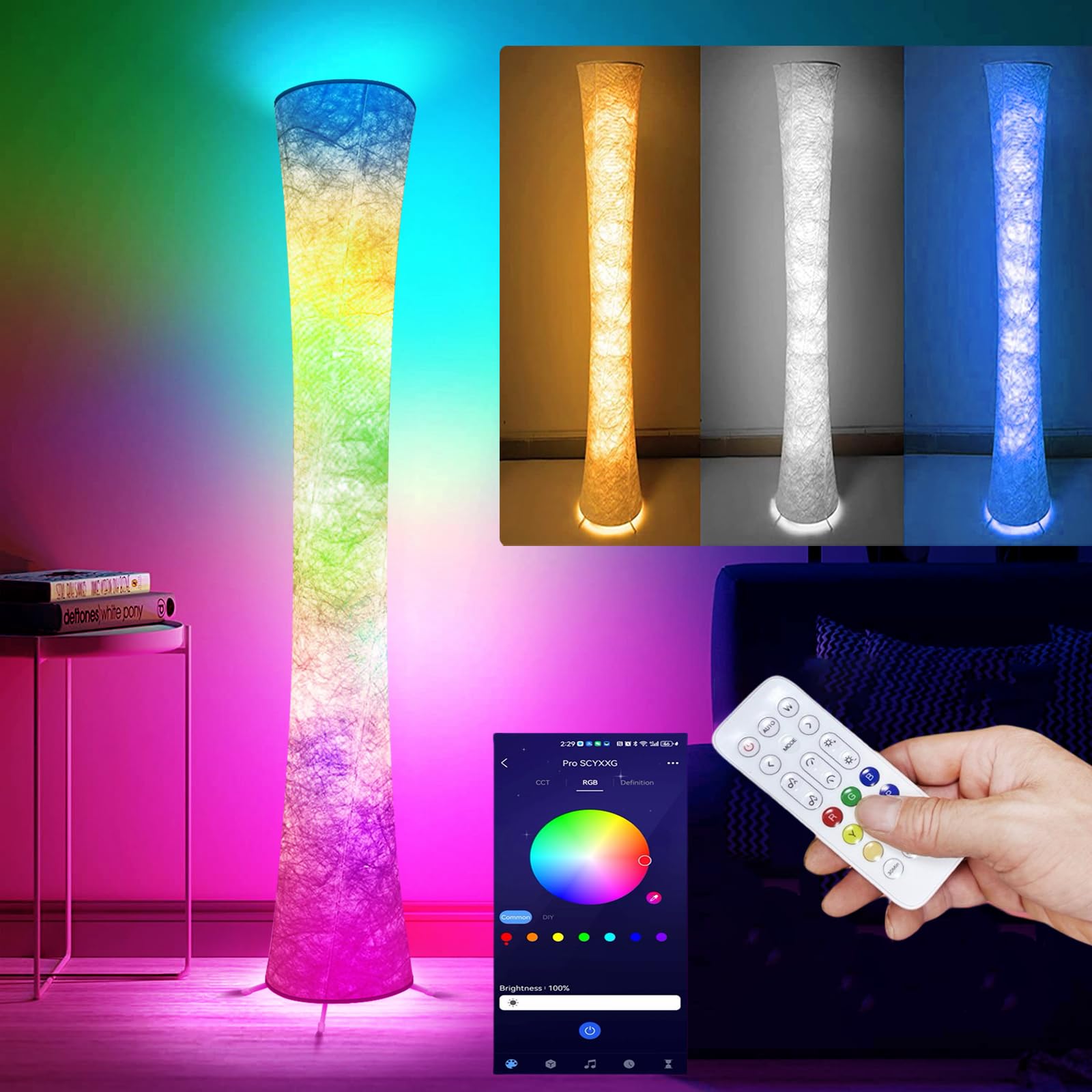 World Win Floor Lamps For Living Room, Standing Led Lamp Rgb Color Changing With App & Remote Control, 62 Inch Diy Mode Music Sy